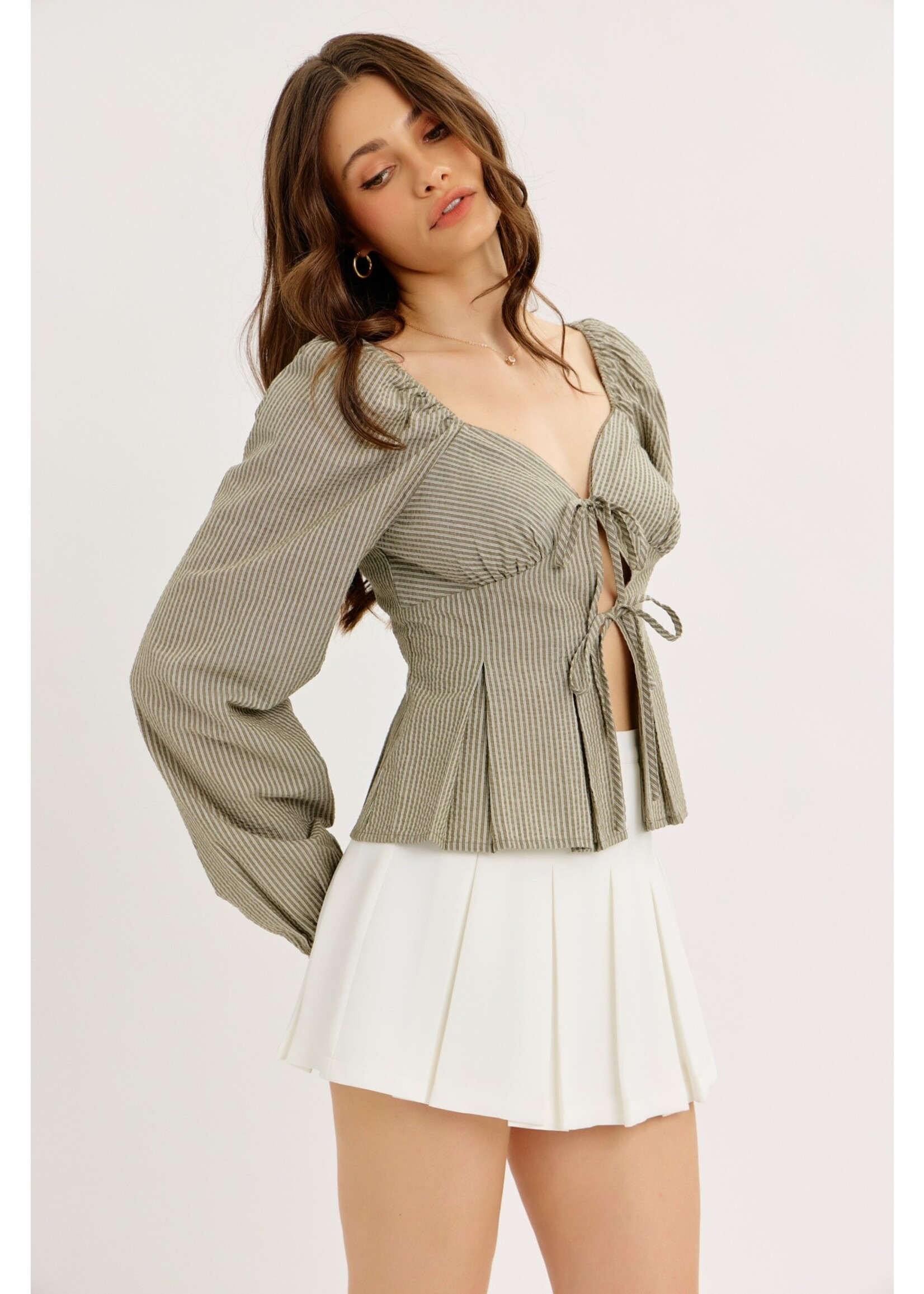 idem ditto Striped Open Front Pleated Blouse with Bows - J16122T