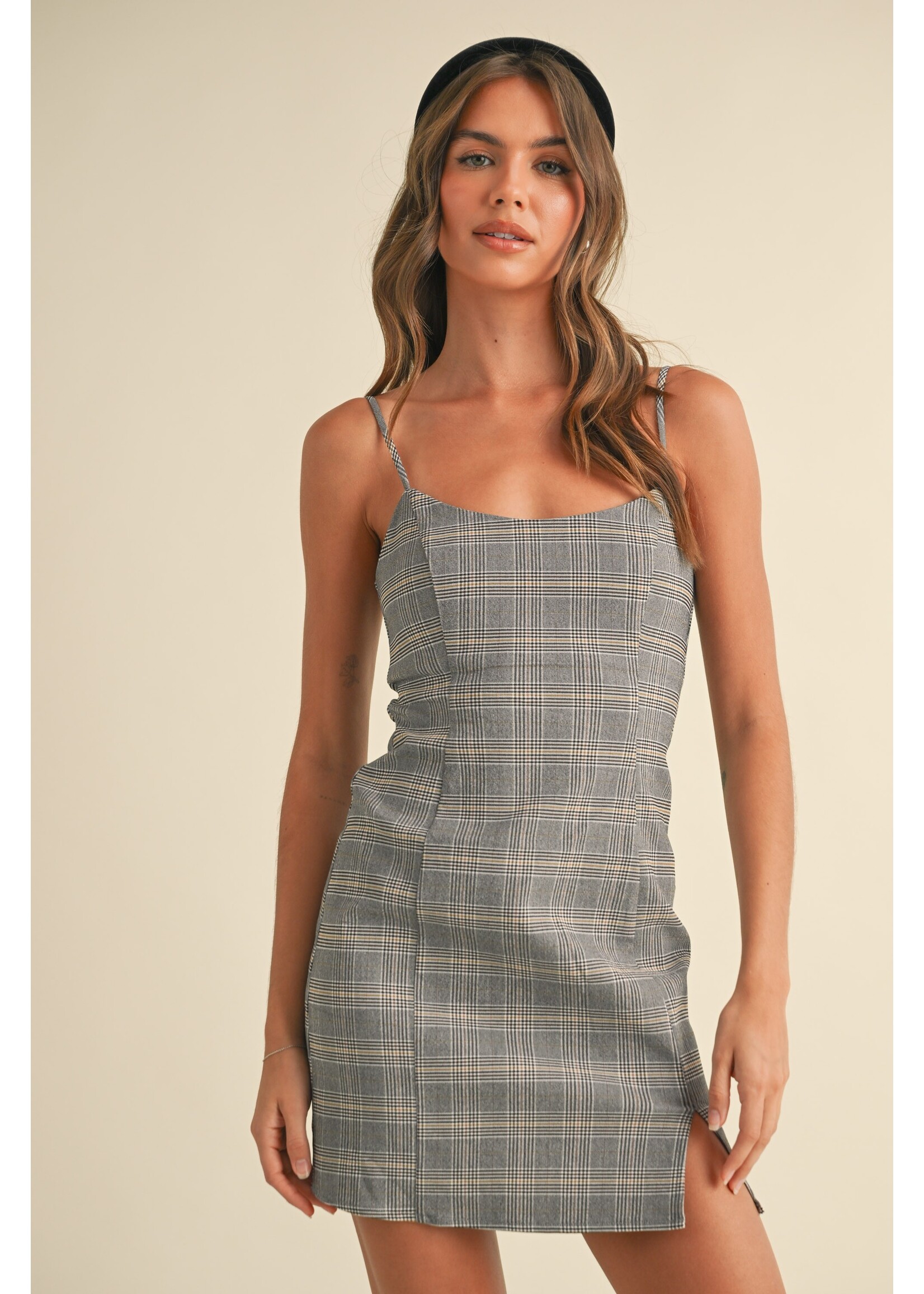 Klesis Glen Checker Front Side Slit Sleeveless Mini Dress - ID8735