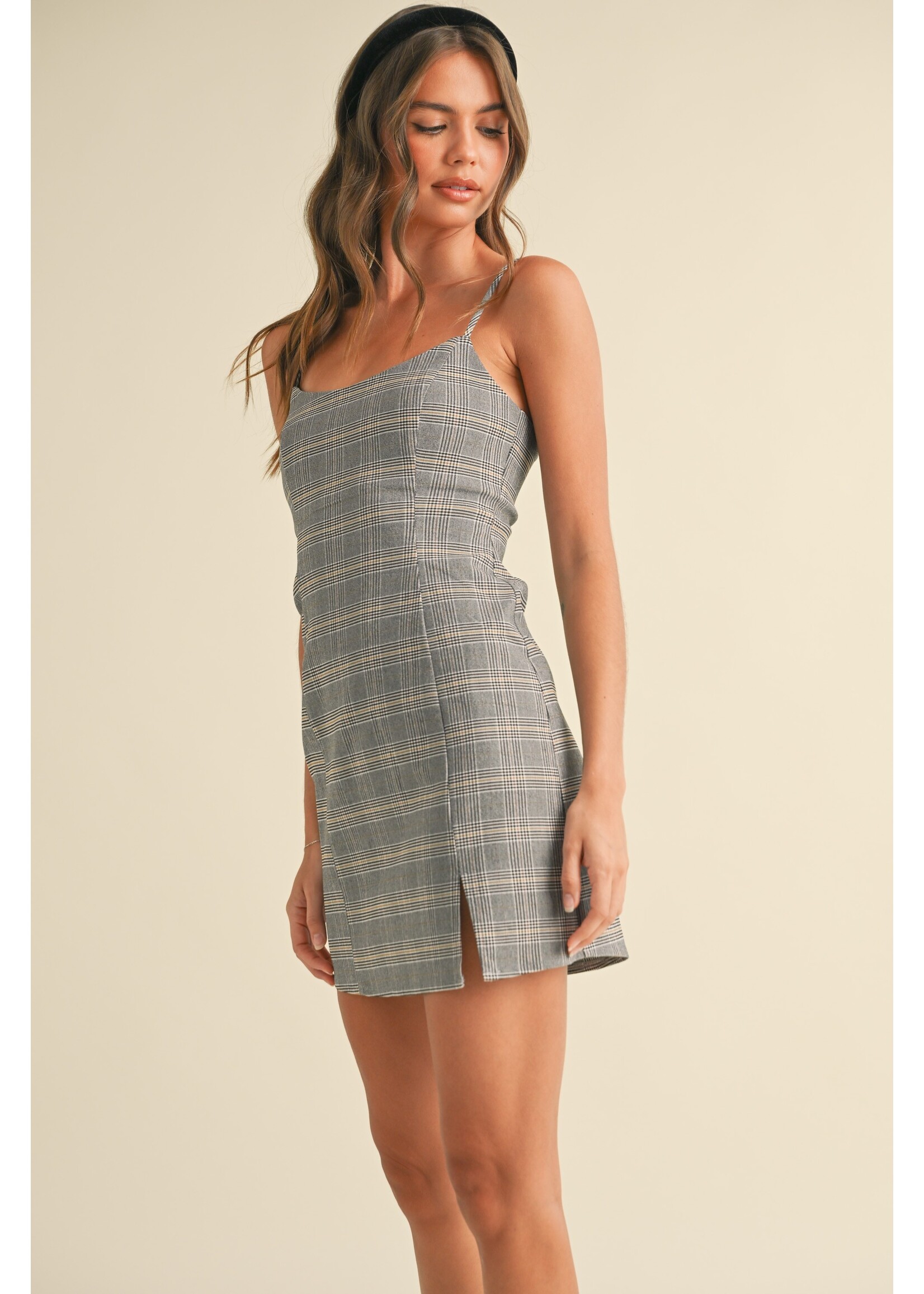 Klesis Glen Checker Front Side Slit Sleeveless Mini Dress - ID8735