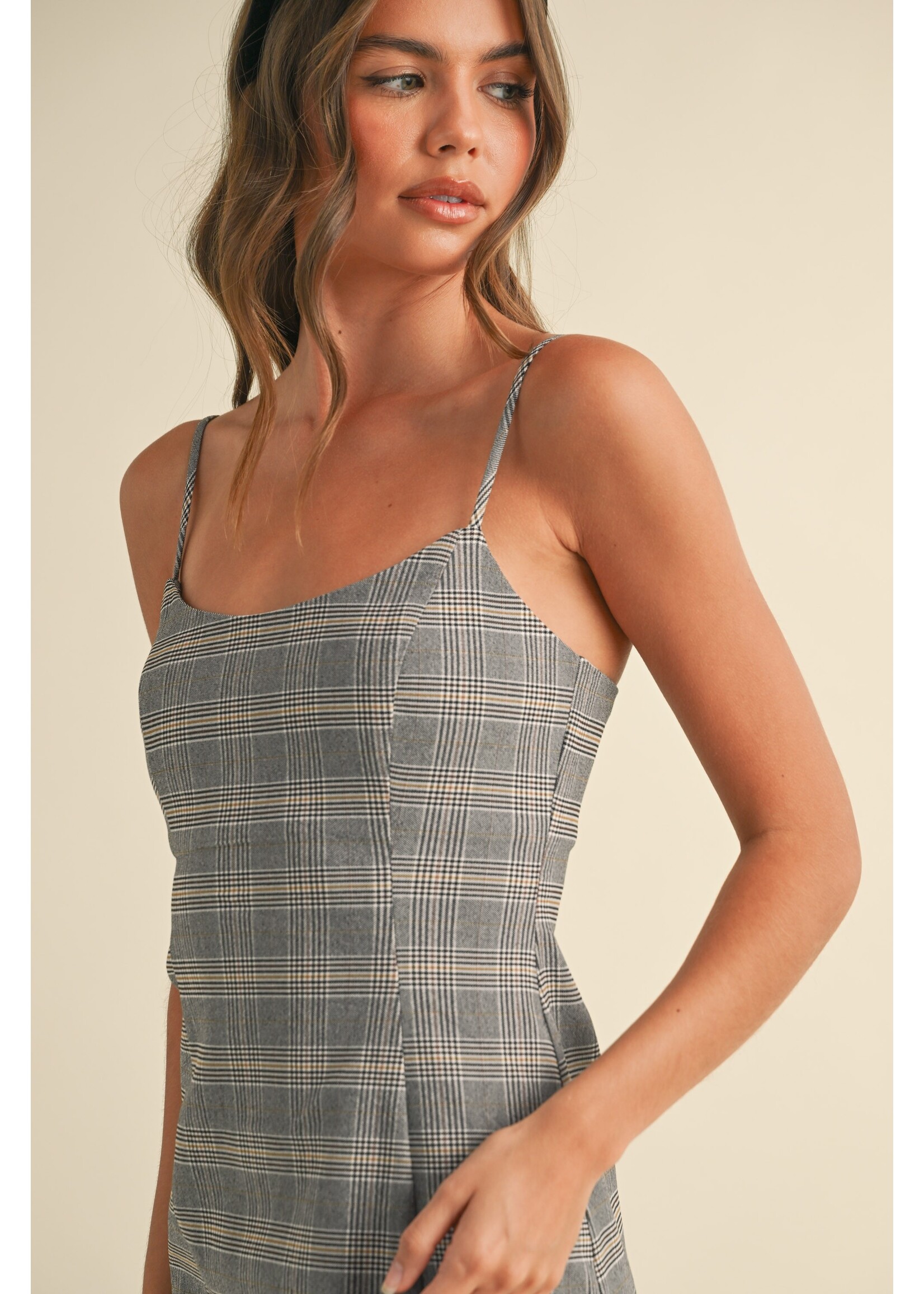 Klesis Glen Checker Front Side Slit Sleeveless Mini Dress - ID8735