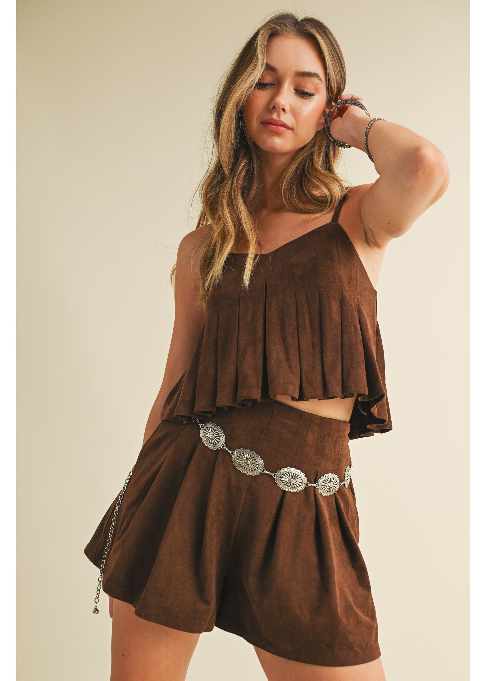 Klesis Suede Pleated Sleeveless Top & Skort - IST5842-A