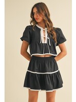Klesis Contrast Tie Puff Sleeve Top and Tiered Mini Skirt - IST5844