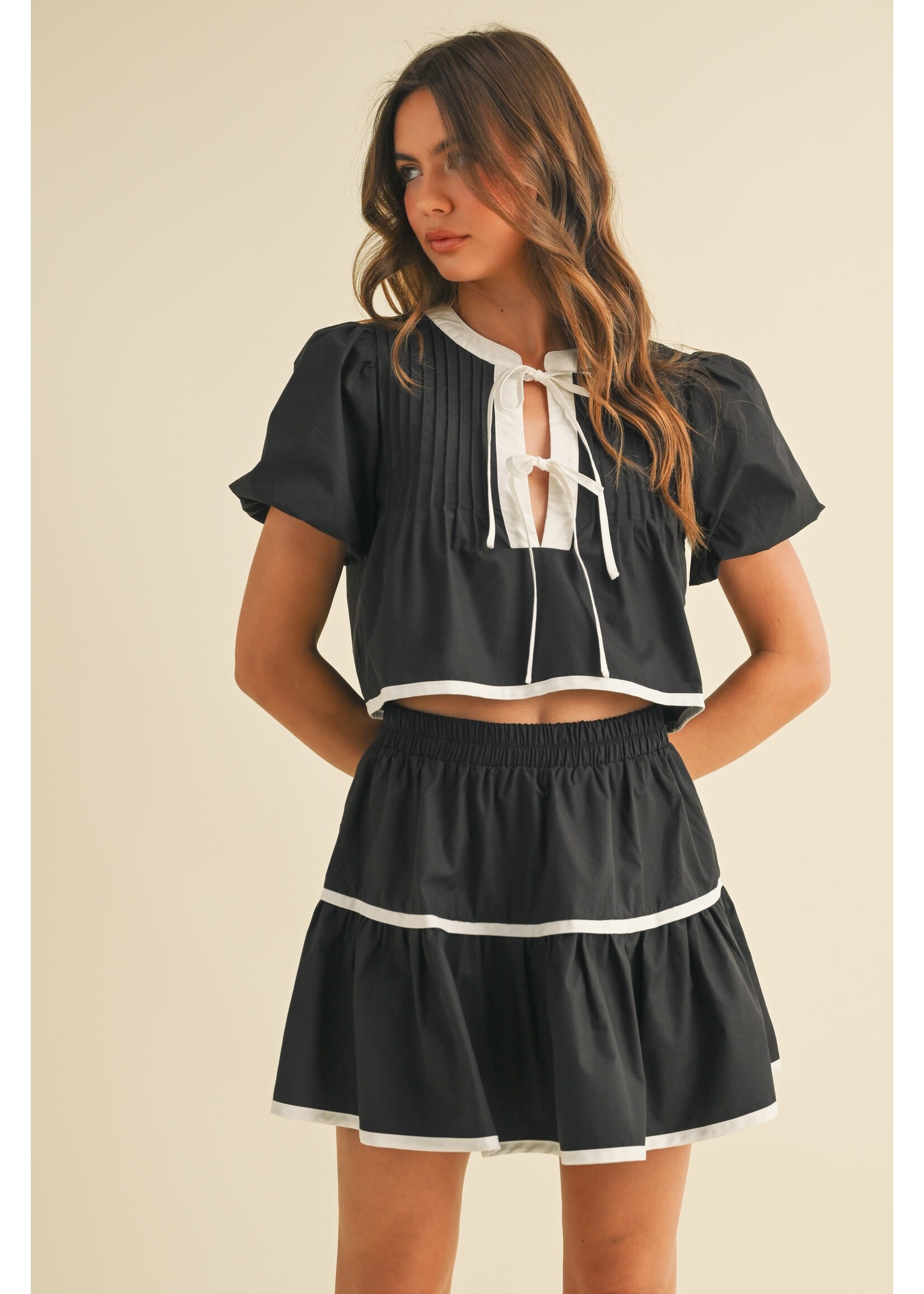 Klesis Contrast Tie Puff Sleeve Top and Tiered Mini Skirt - IST5844