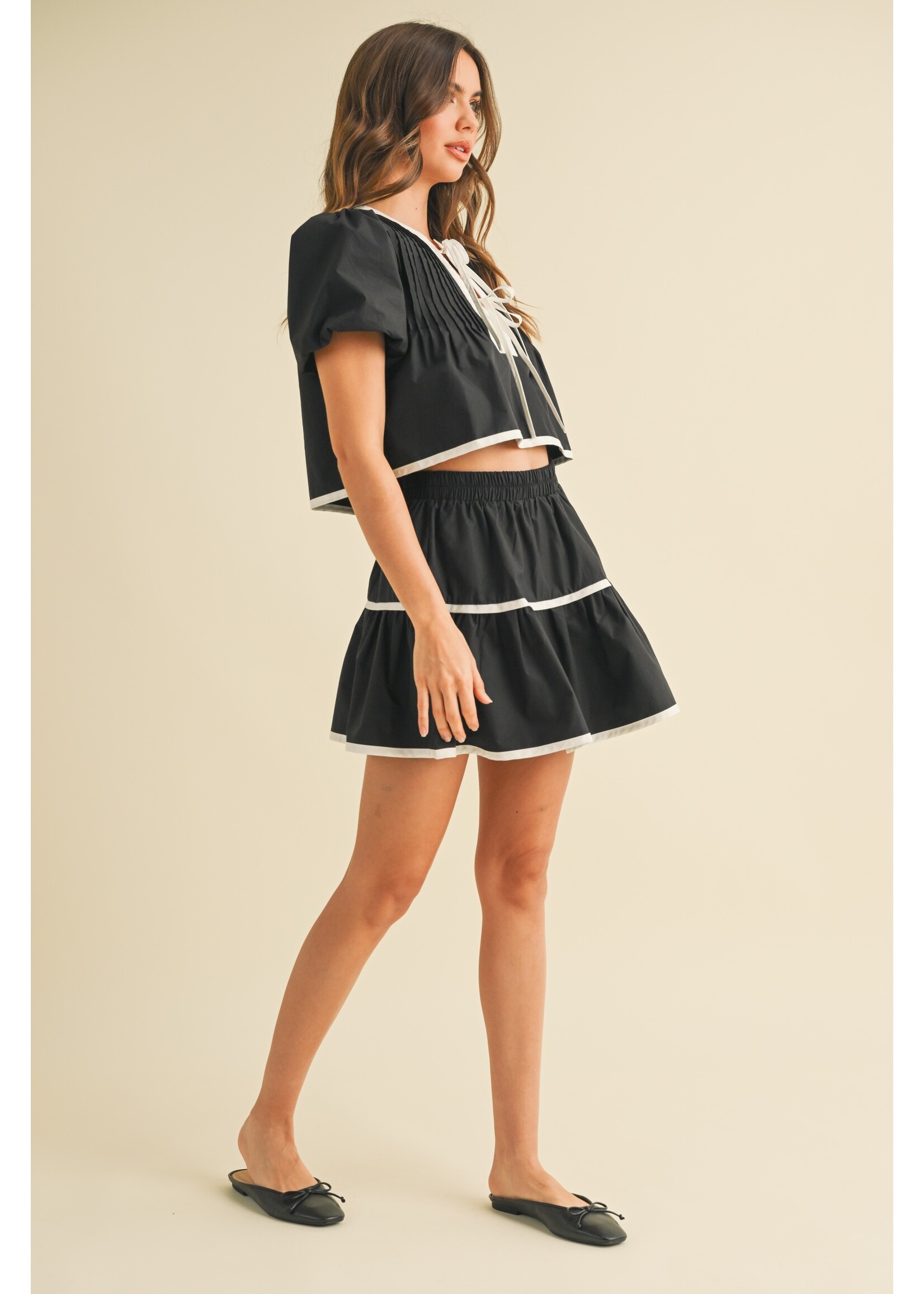 Klesis Contrast Tie Puff Sleeve Top and Tiered Mini Skirt - IST5844