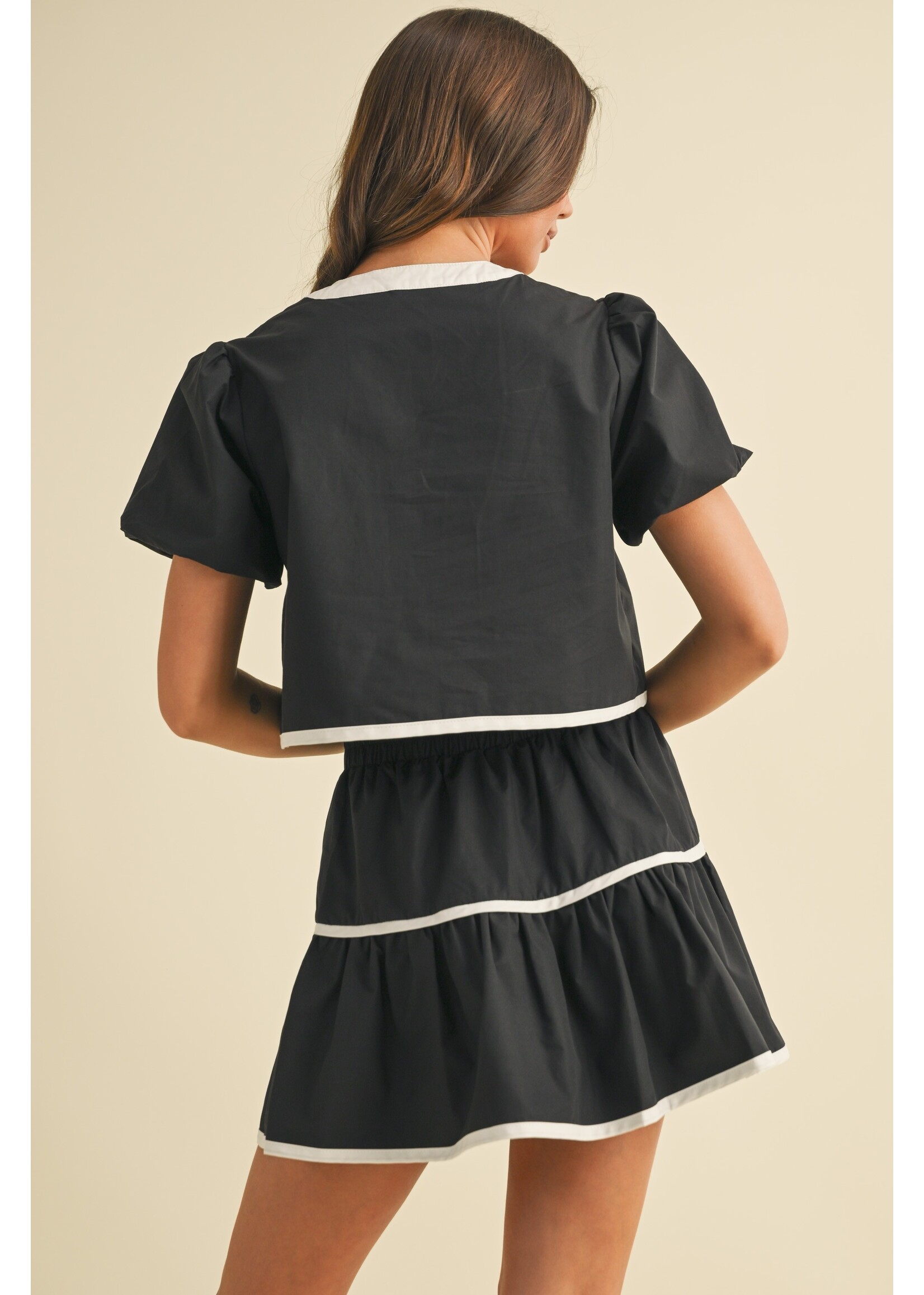 Klesis Contrast Tie Puff Sleeve Top and Tiered Mini Skirt - IST5844