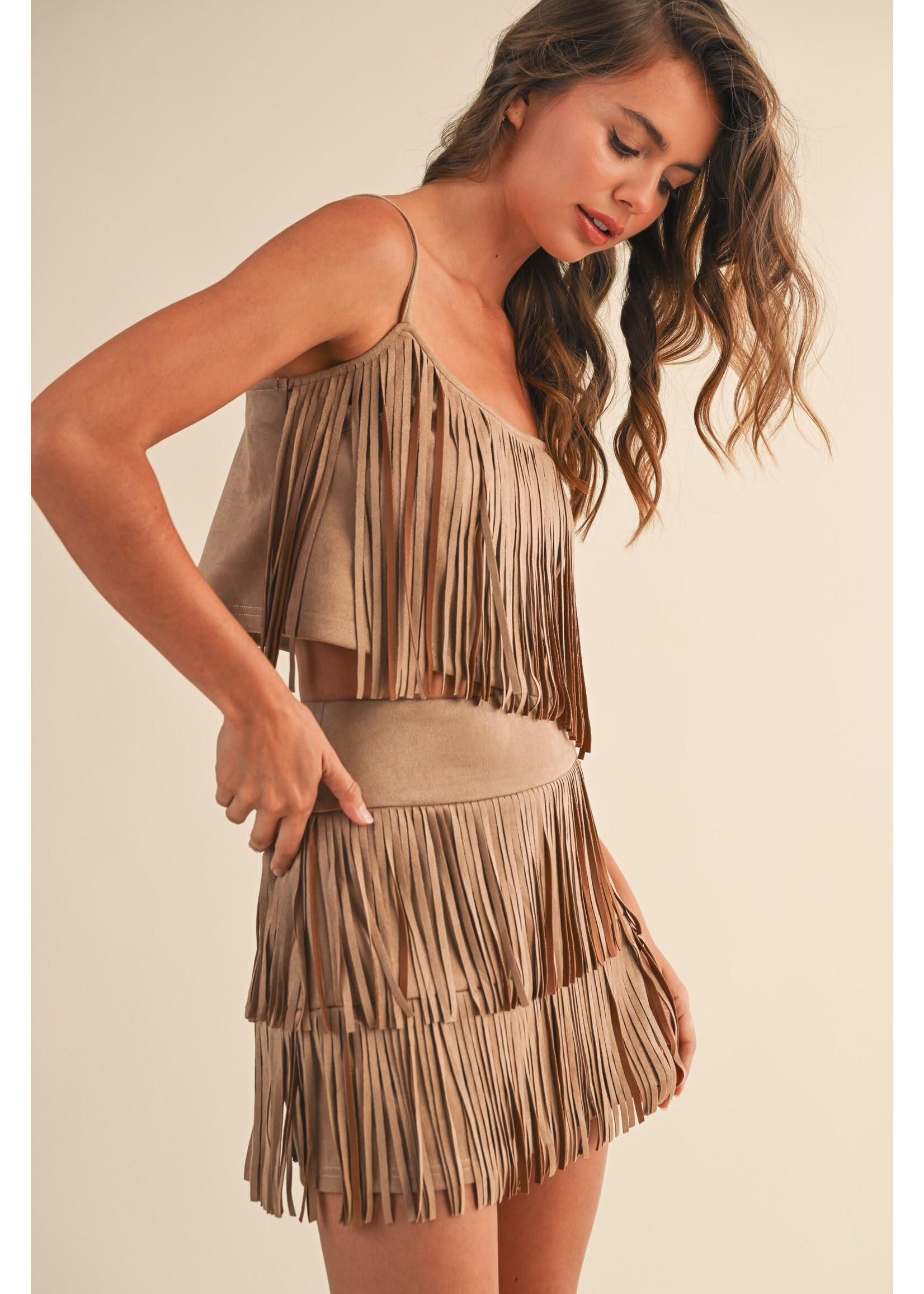 Klesis Suede Fringe Crop Top and Tiered Mini - IST6057