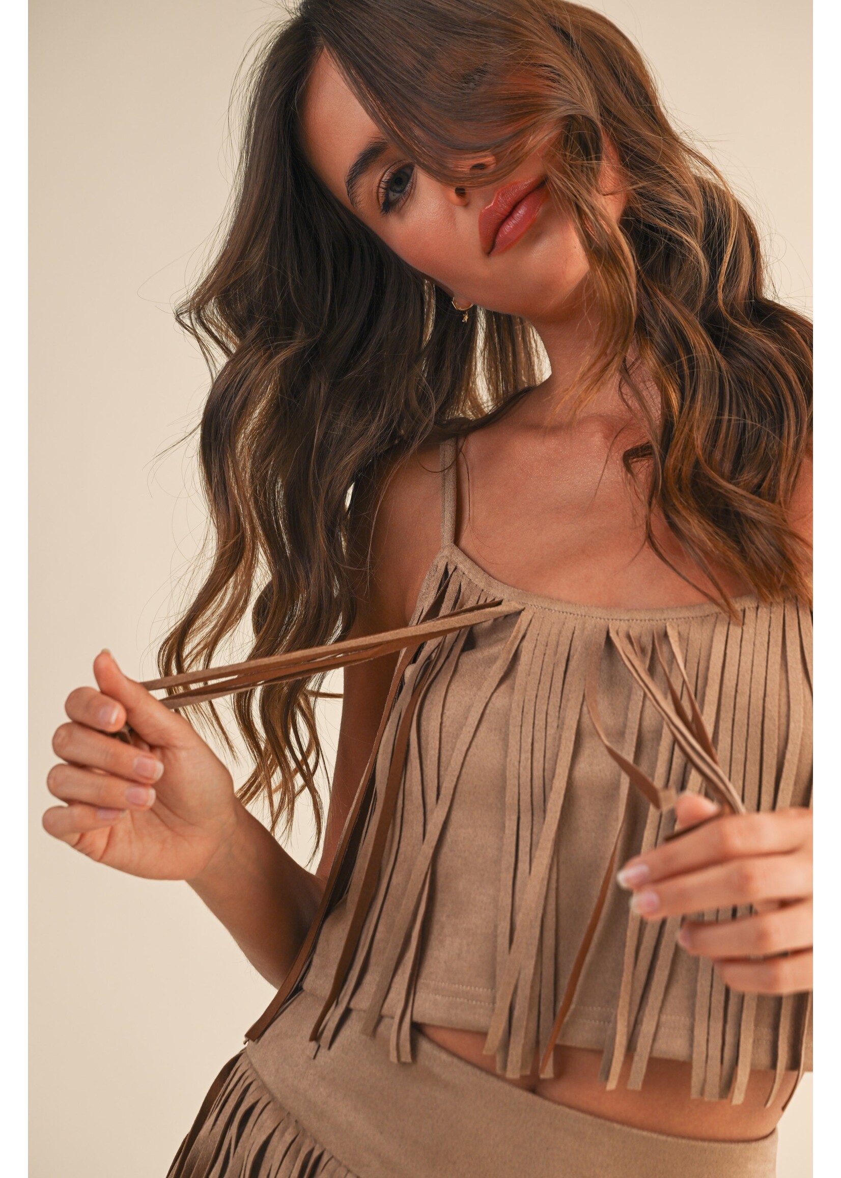 Klesis Suede Fringe Crop Top and Tiered Mini - IST6057