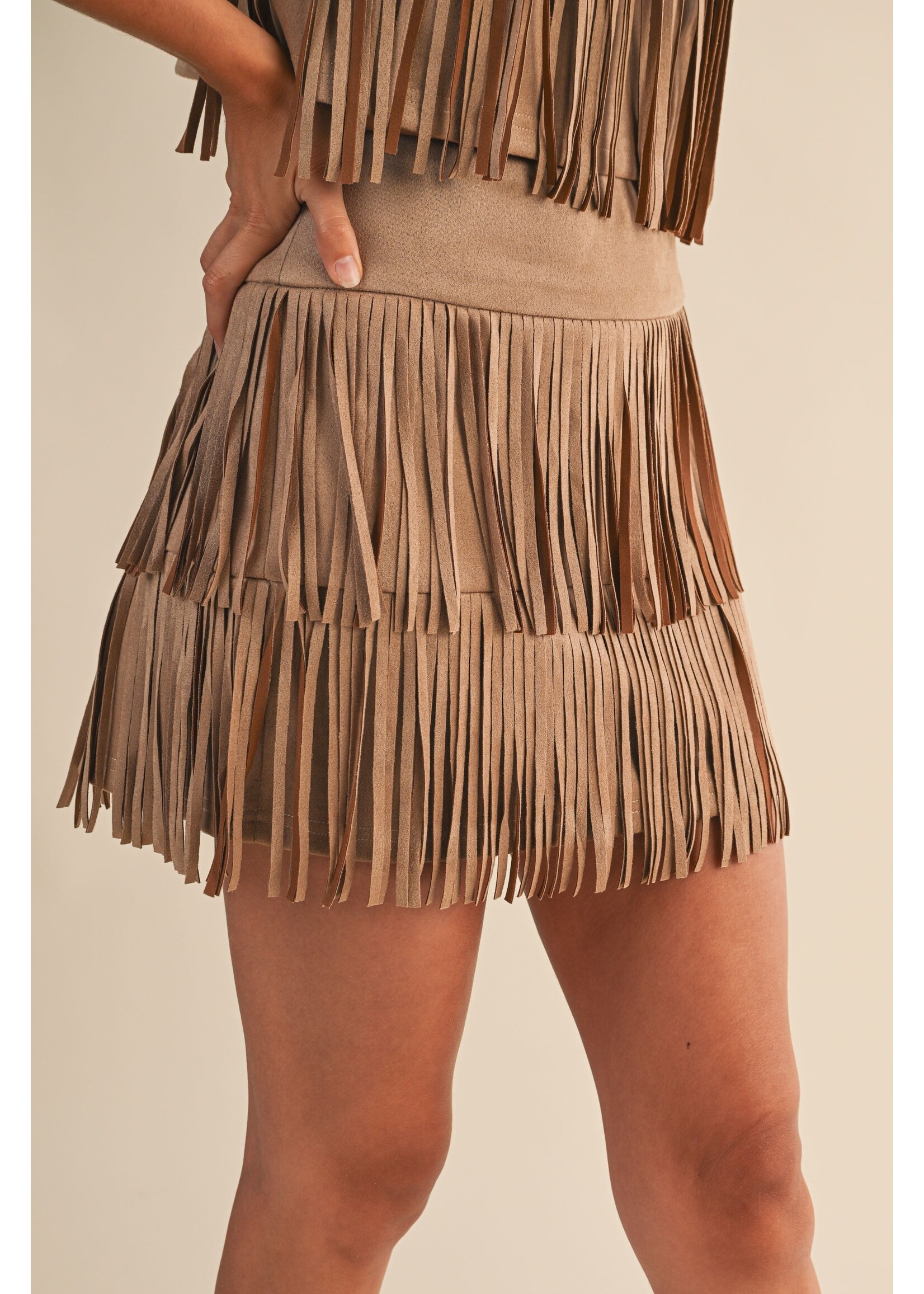 Klesis Suede Fringe Crop Top and Tiered Mini - IST6057