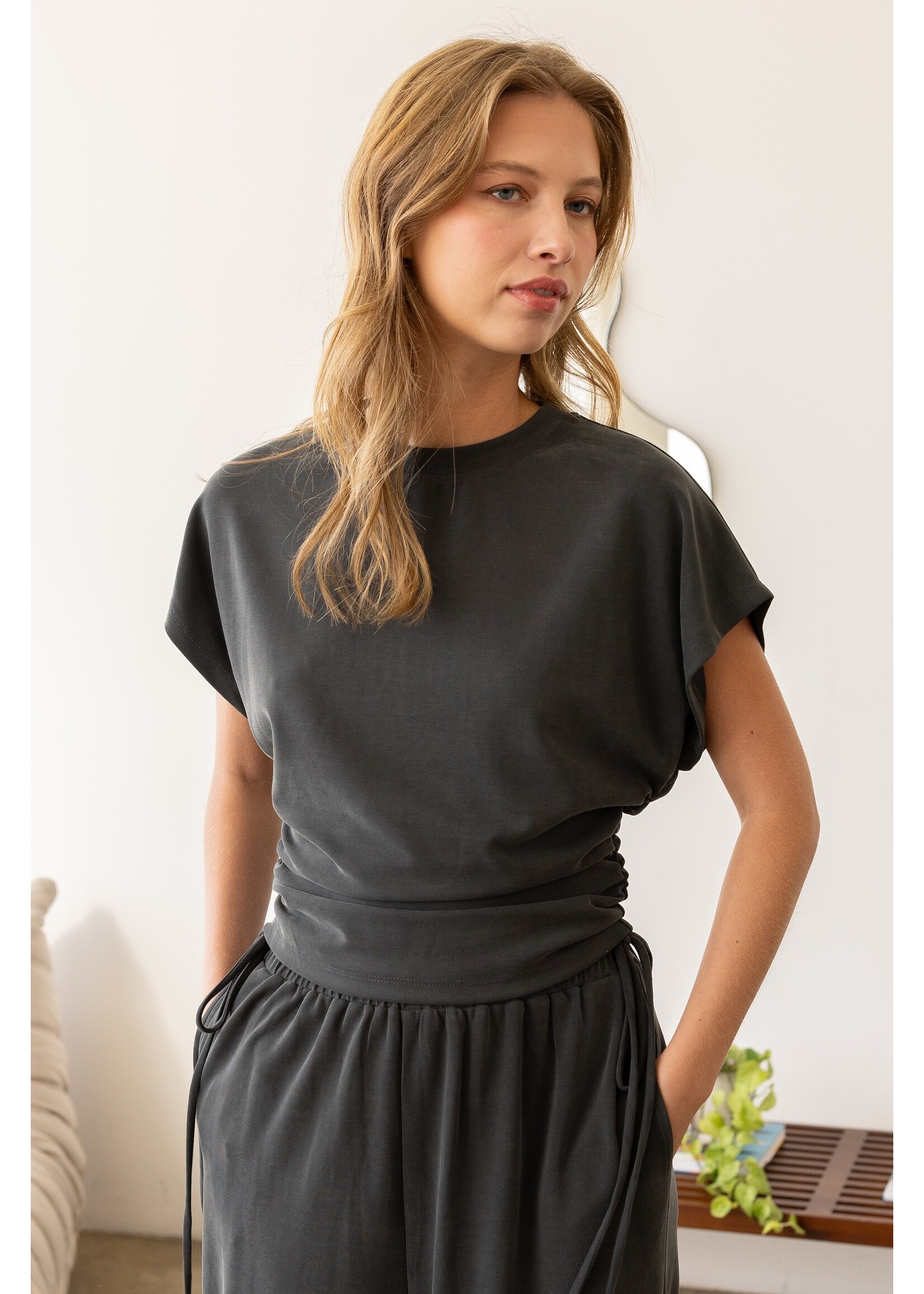 elle grey Side Ruching Short Sleeve Top - 1382ET