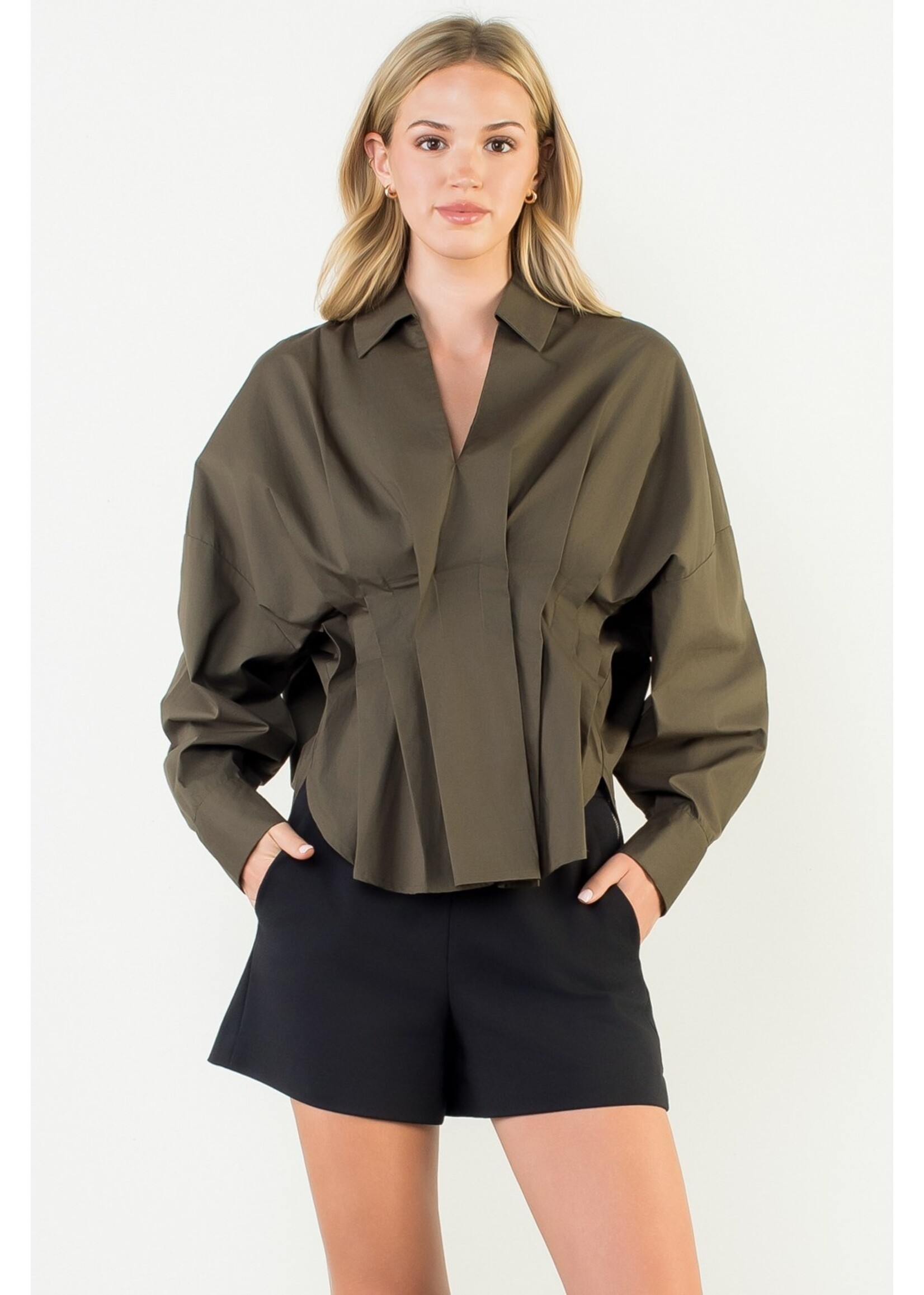 THML Collared Long Sleeve V-neck Top - THS1820