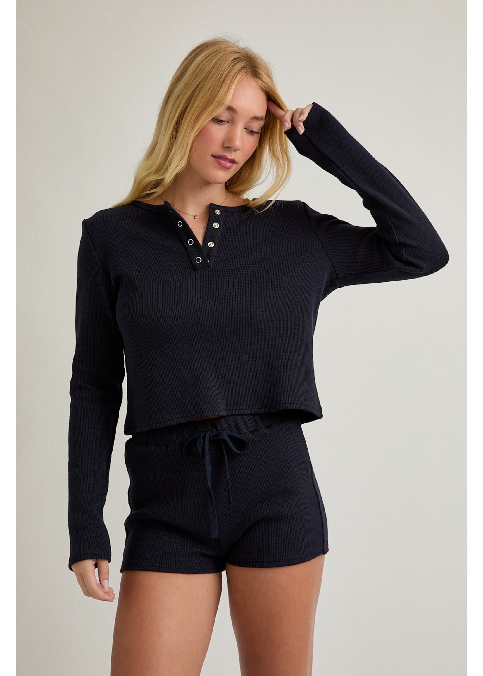 Le Lis Long Sleeve Waffle Knit Top with Low Waist Micro Shorts Set - PTP6942