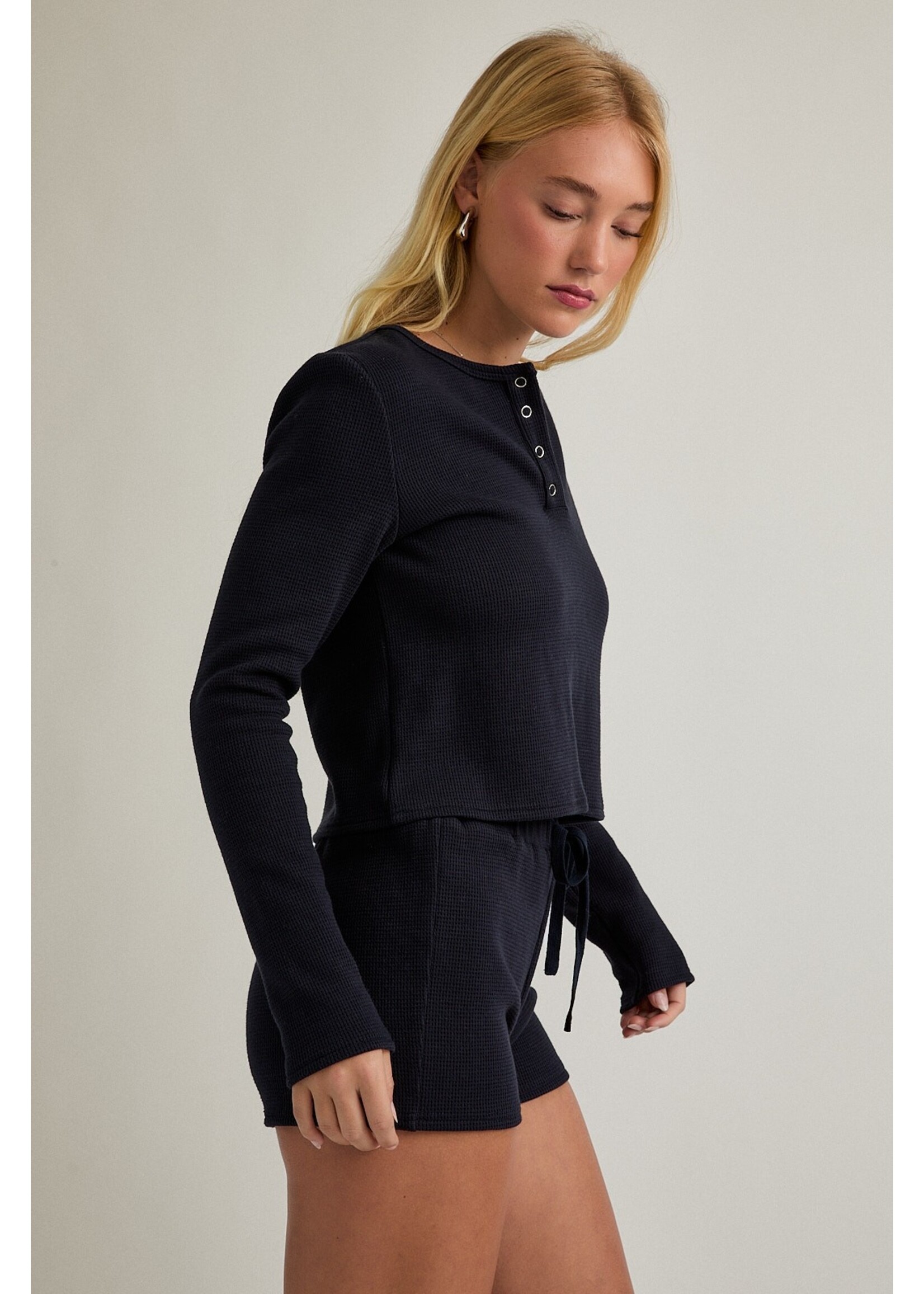 Le Lis Long Sleeve Waffle Knit Top with Low Waist Micro Shorts Set - PTP6942