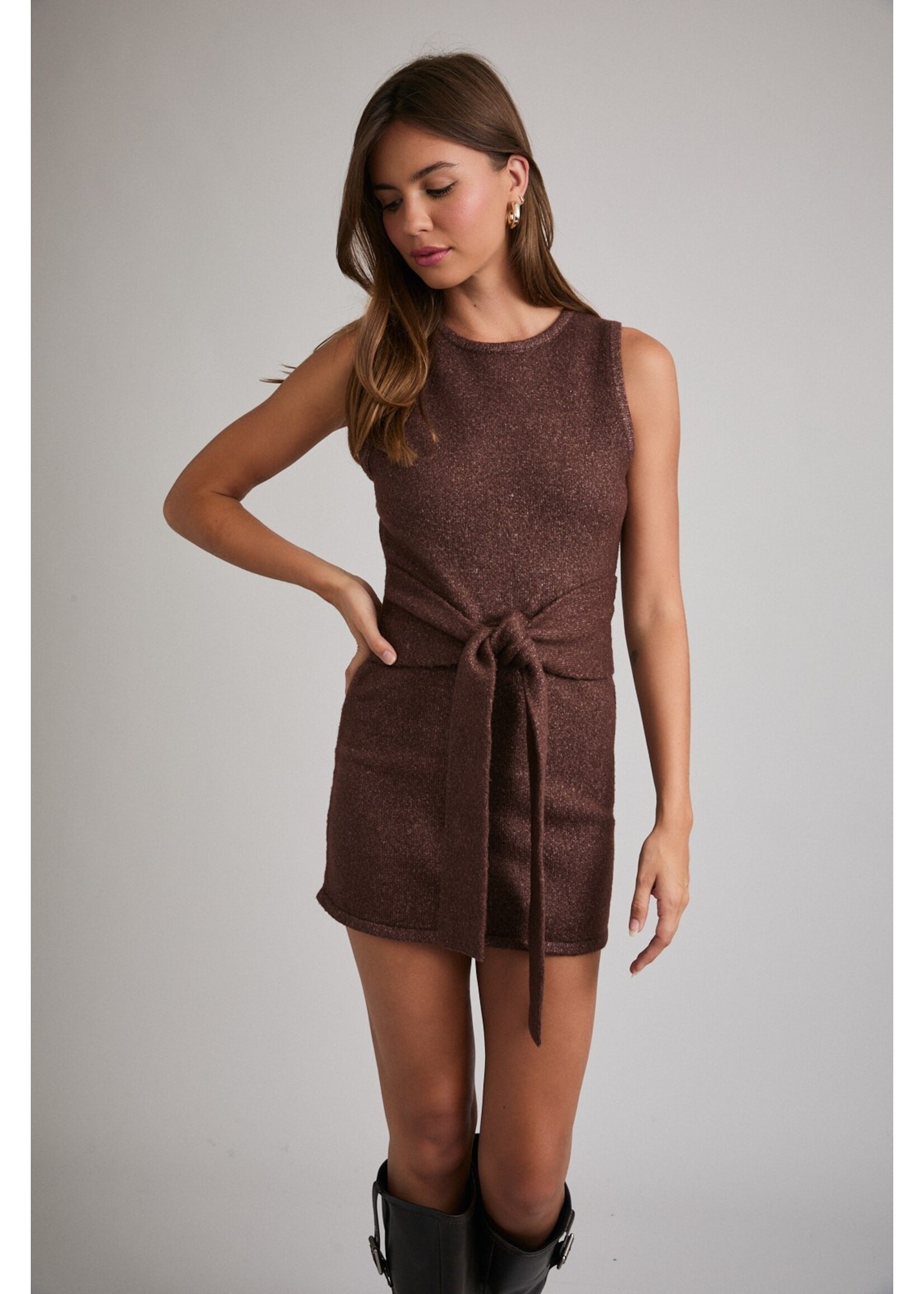 Le Lis Sleeveless Round Neck Waist Tie Detail Sweater Mini Dress - IWD6167