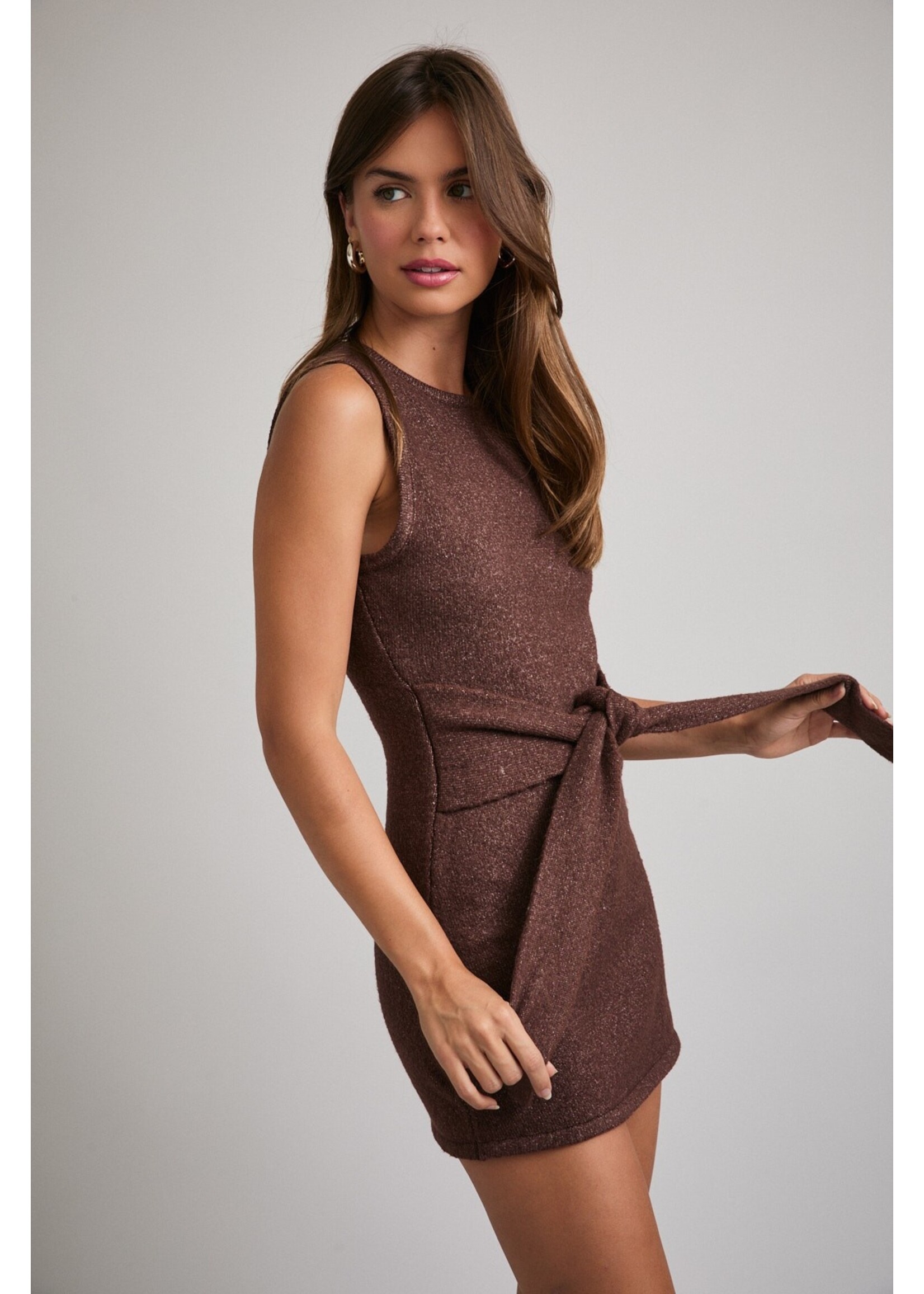 Le Lis Sleeveless Round Neck Waist Tie Detail Sweater Mini Dress - IWD6167