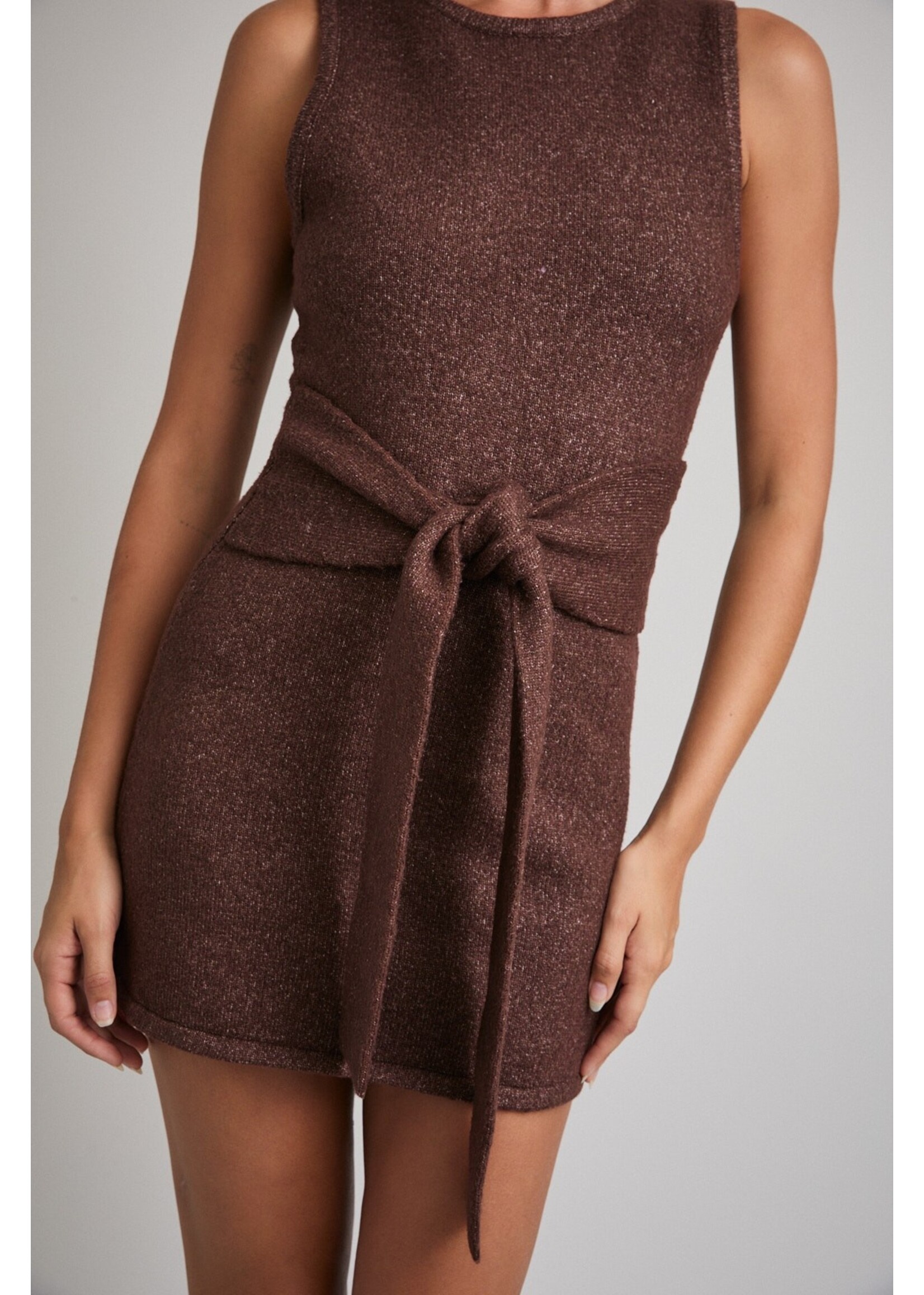 Le Lis Sleeveless Round Neck Waist Tie Detail Sweater Mini Dress - IWD6167