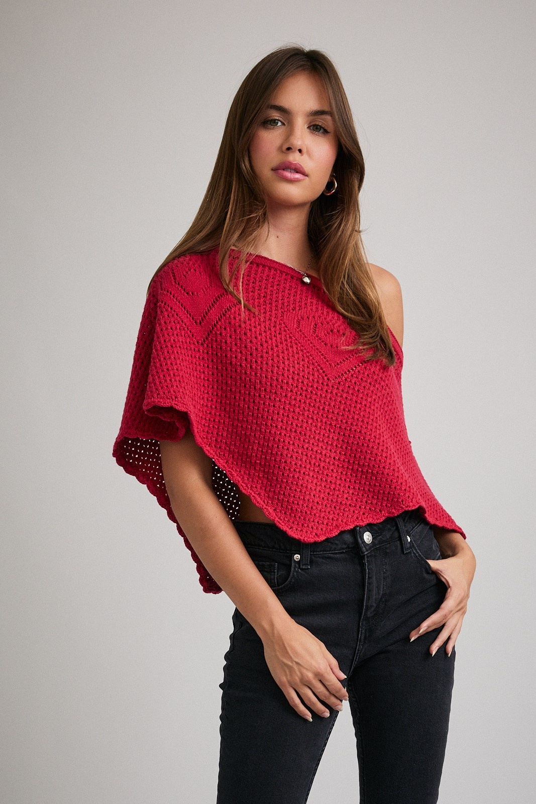 Off Shoulder Crochet Poncho - IWT6375 - Meo's Suite