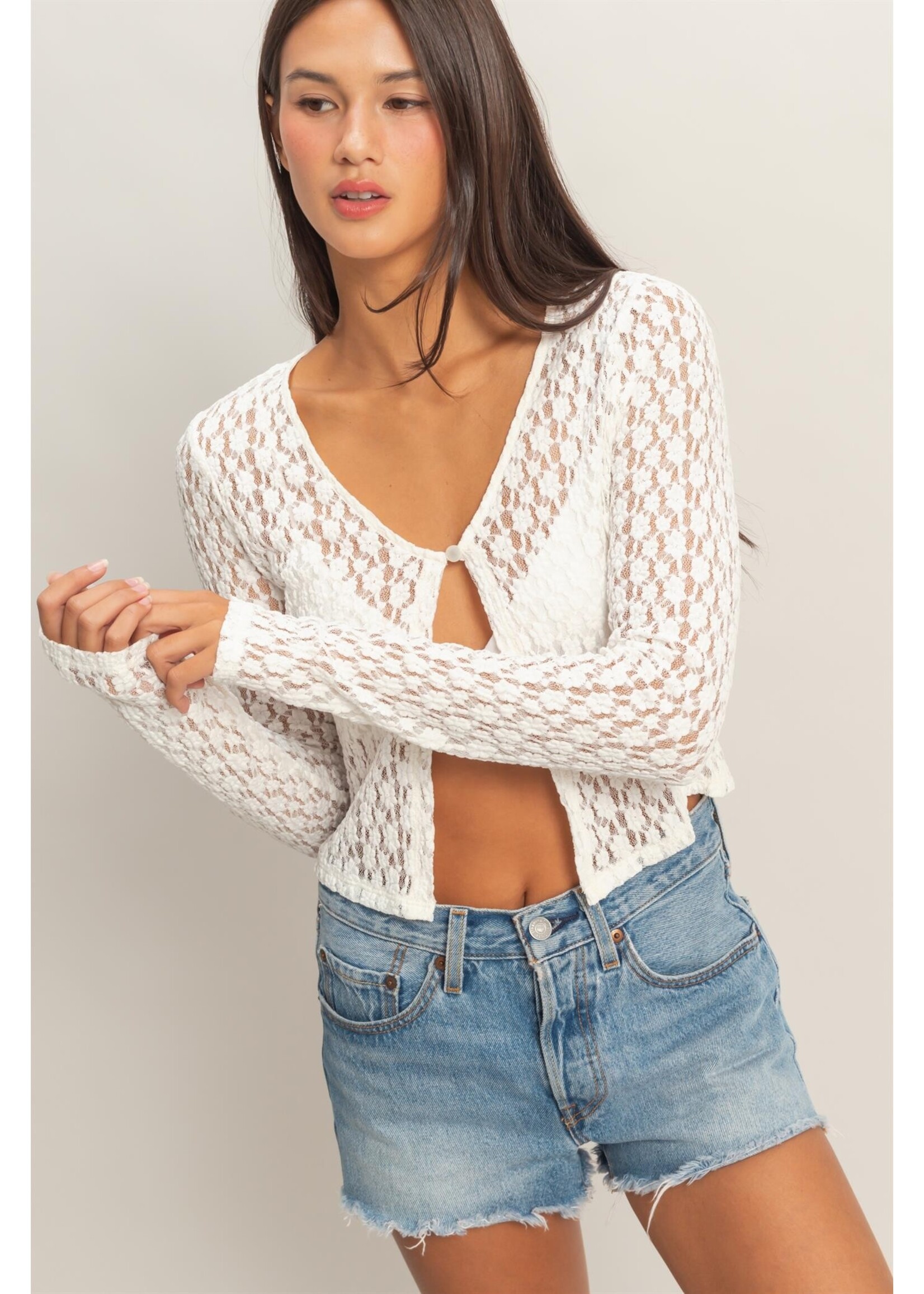 HYFVE Pearl Button Sheer Lace Cardigan Top - DZ25C027