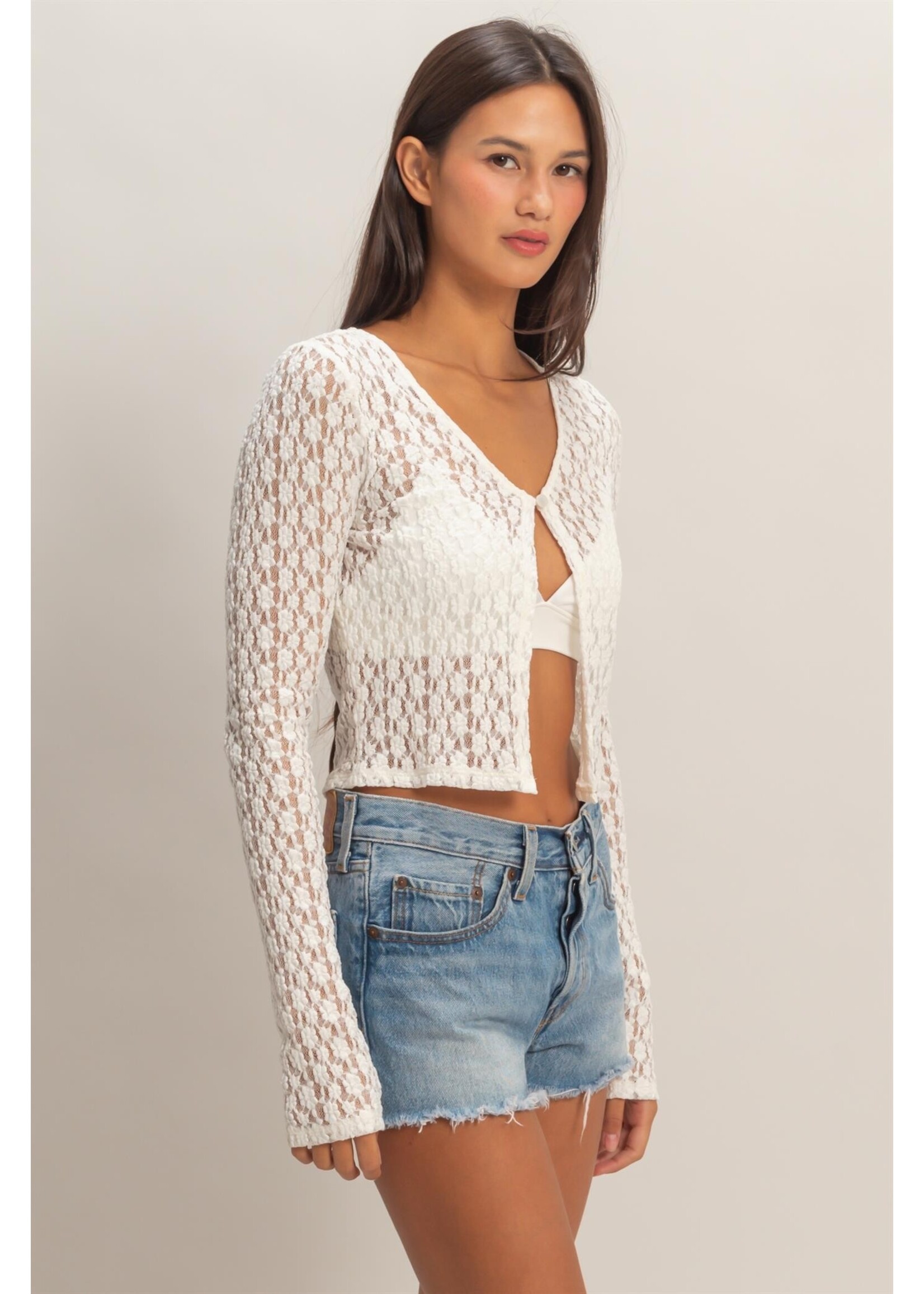 HYFVE Pearl Button Sheer Lace Cardigan Top - DZ25C027