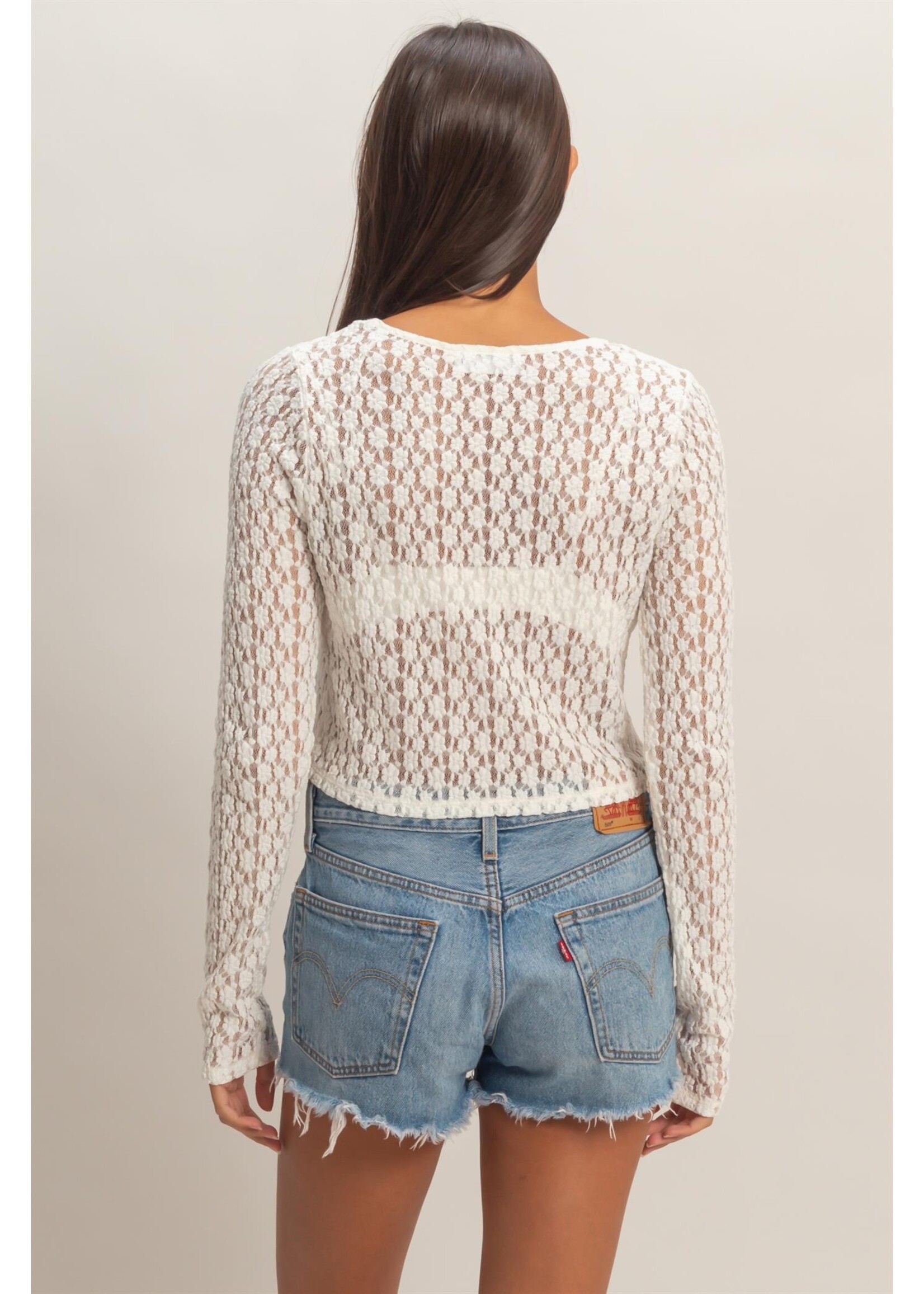 HYFVE Pearl Button Sheer Lace Cardigan Top - DZ25C027