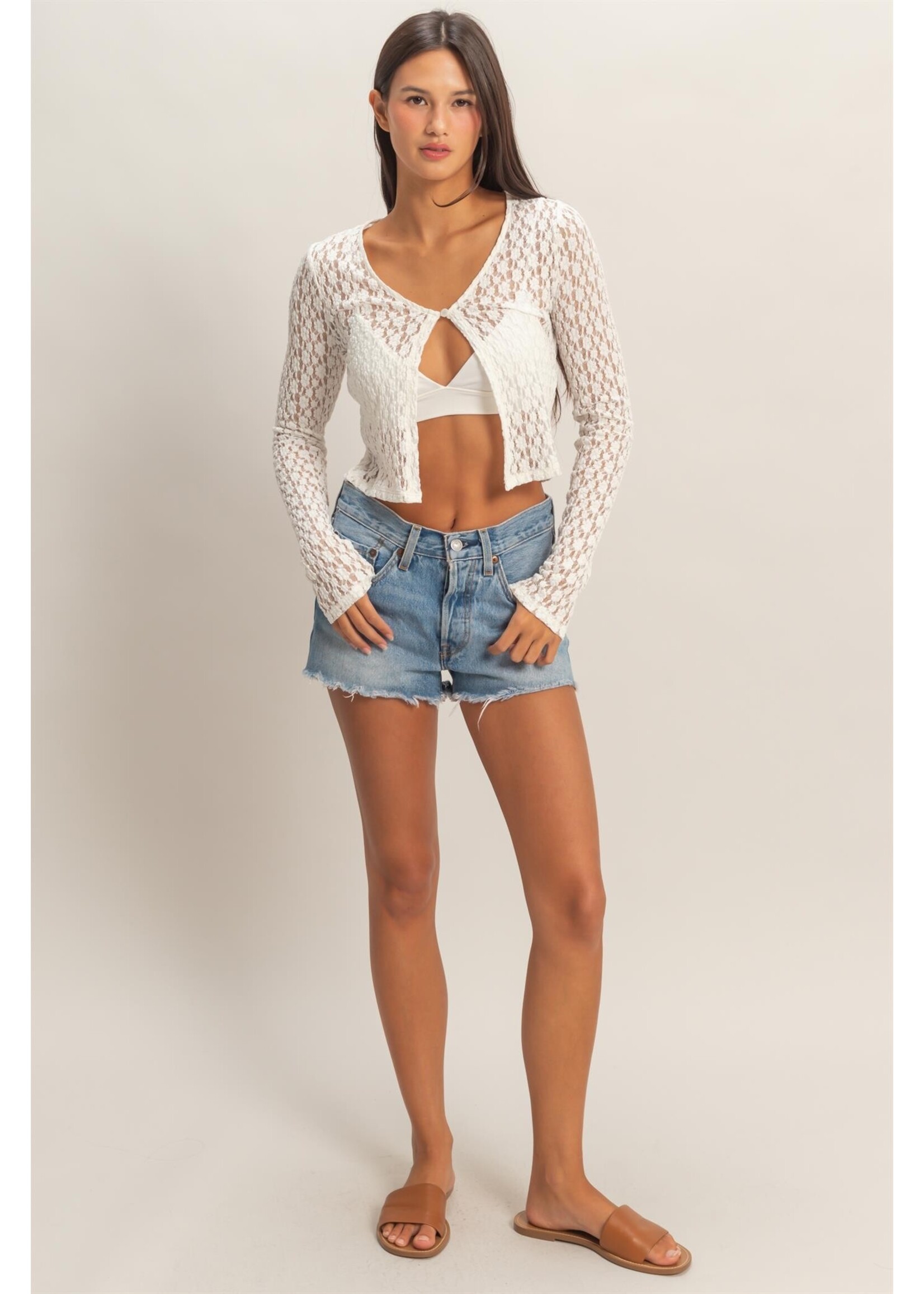 HYFVE Pearl Button Sheer Lace Cardigan Top - DZ25C027