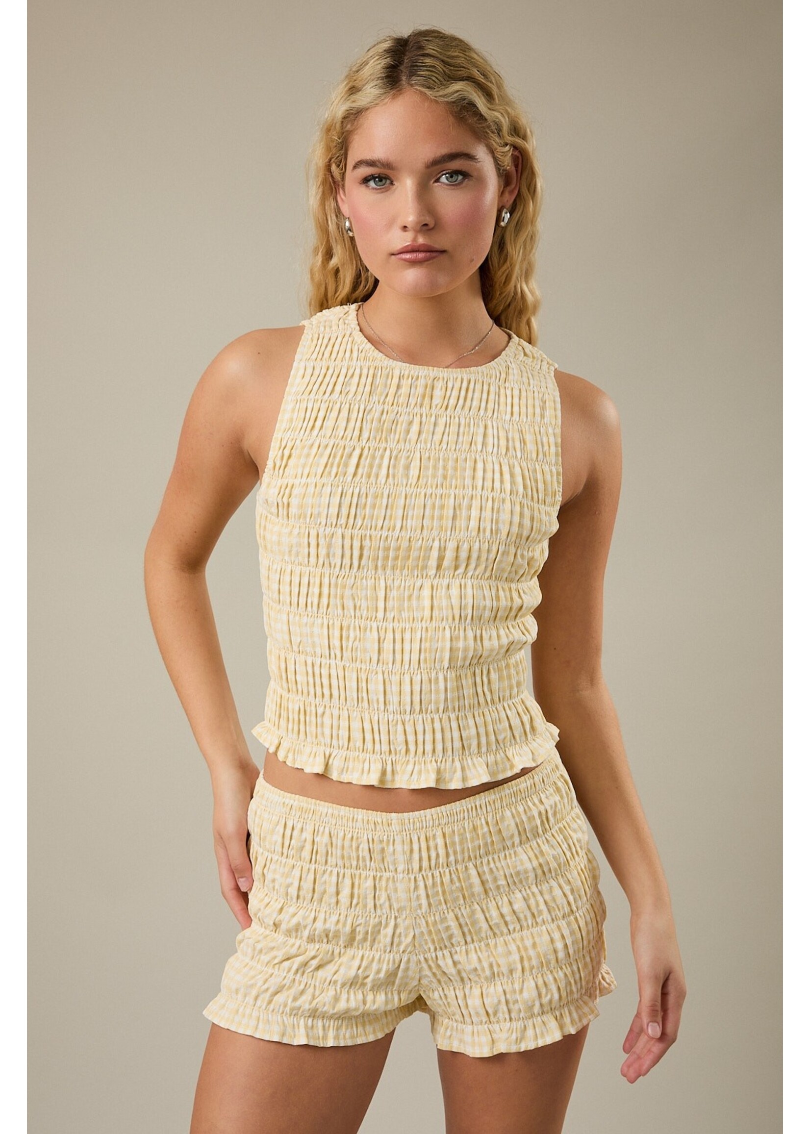 Le Lis Round Neck Shirring Gingham Top - PT6975