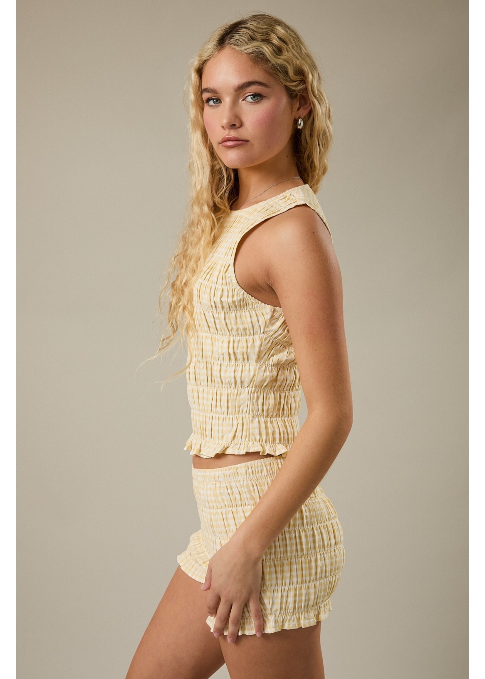 Le Lis Round Neck Shirring Gingham Top - PT6975