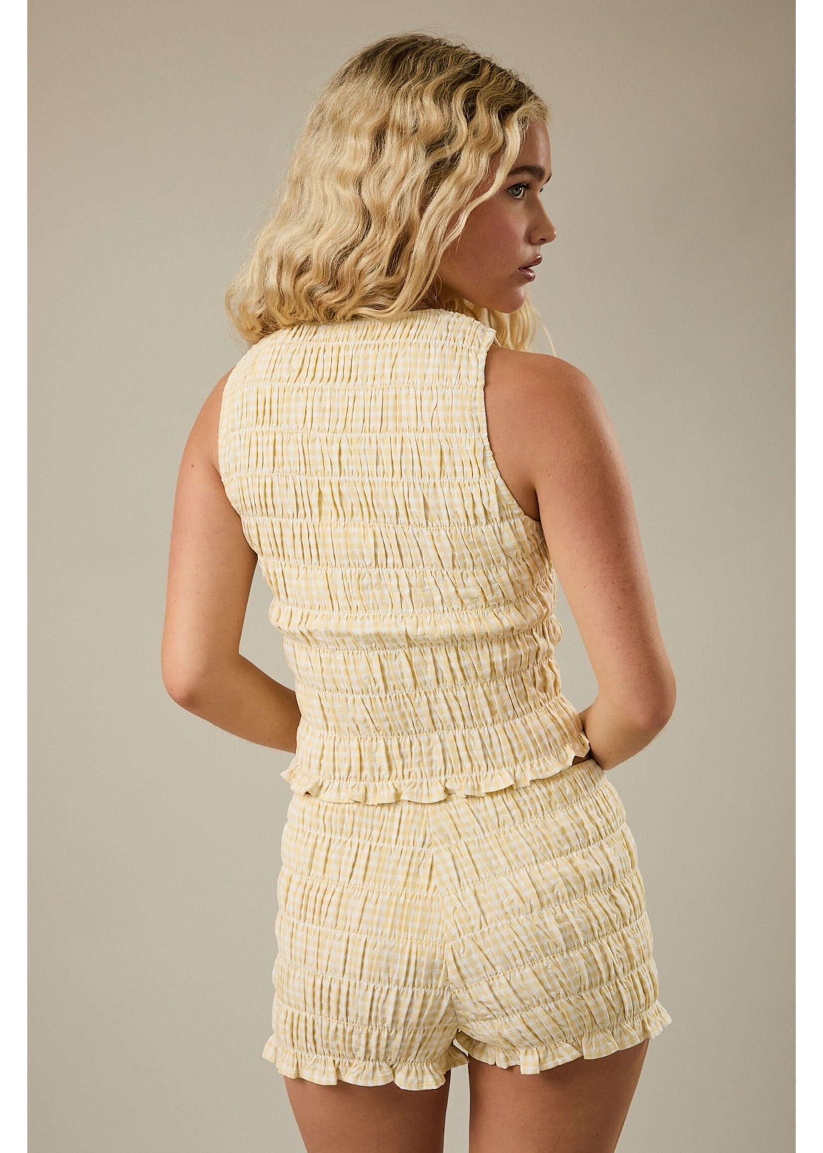 Le Lis Round Neck Shirring Gingham Top - PT6975