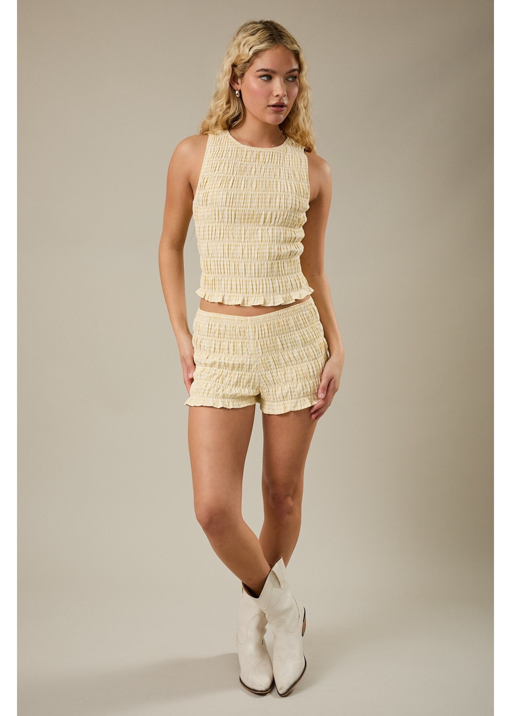 Le Lis Round Neck Shirring Gingham Top - PT6975