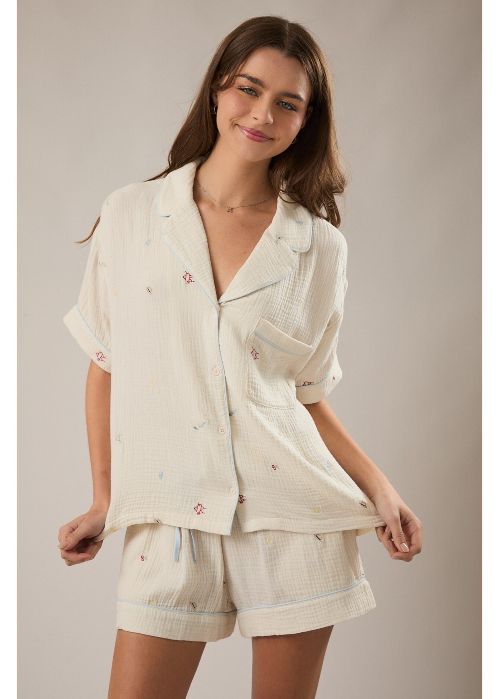 Le Lis Embroidered Detail Pajama Top - ST3350