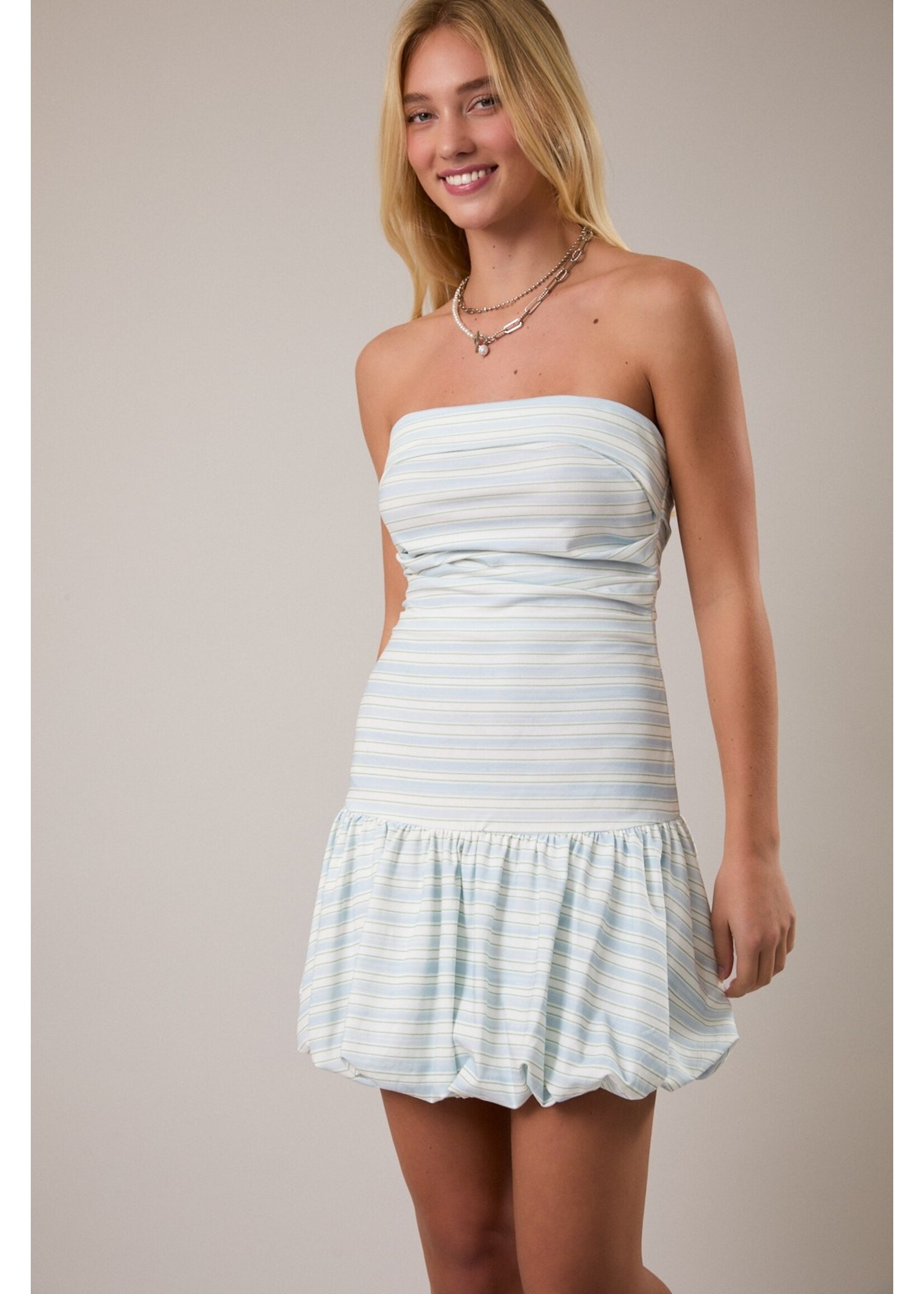 LeLis Strapless Folded Bust Detail Bubble Hem Stripe Mini Dress - ID6234