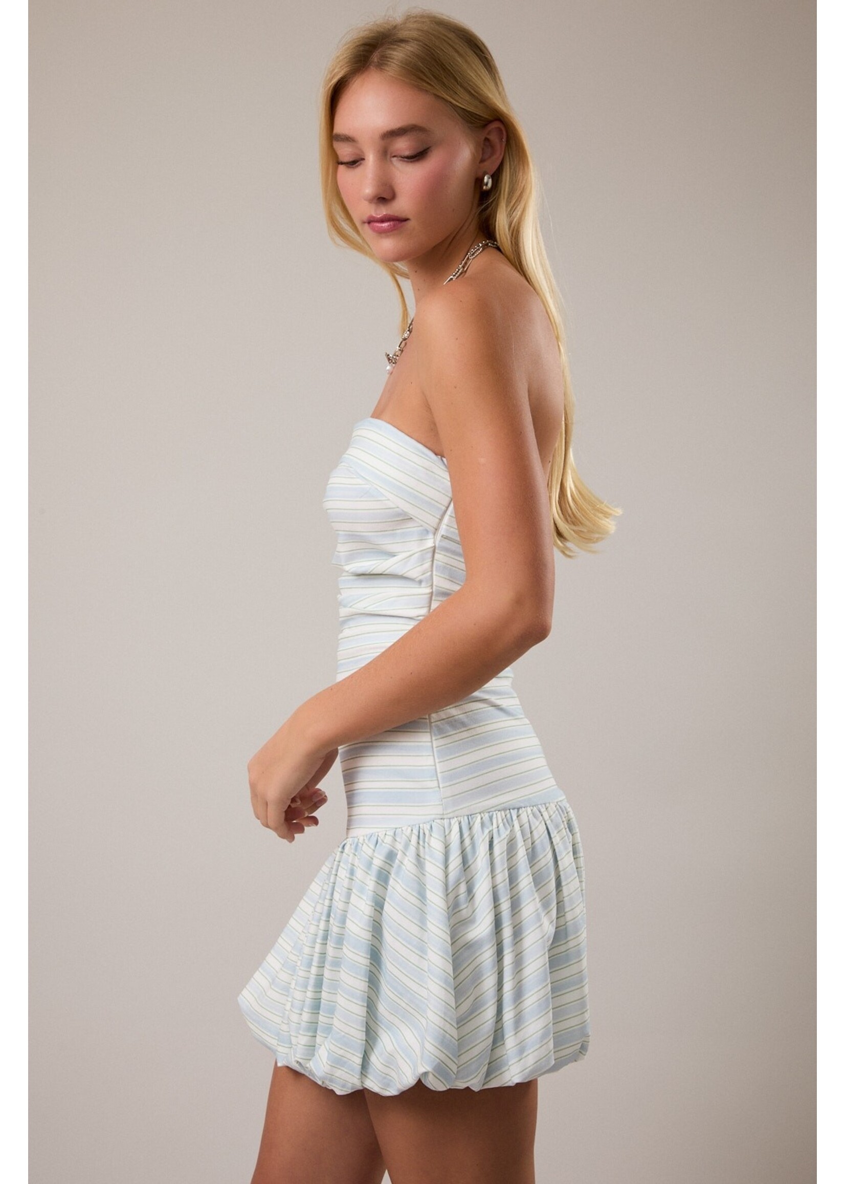 LeLis Strapless Folded Bust Detail Bubble Hem Stripe Mini Dress - ID6234