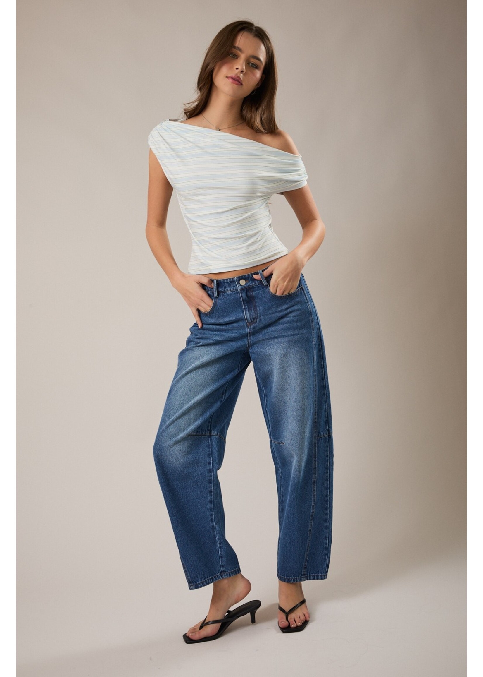 Le Lis One Side Off Shoulder Stripe Printed Knit Top - IT6229