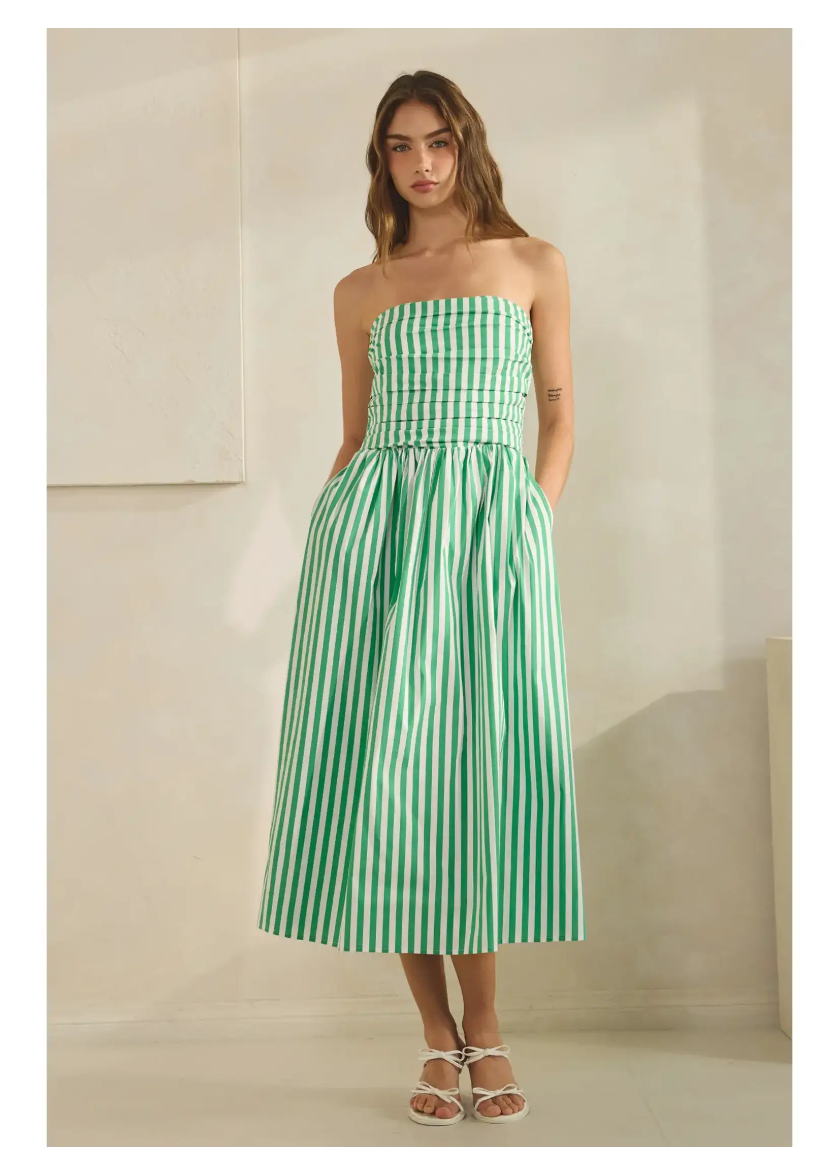 Creaman Stripe Cotton Strapless Tube Midi Dress - JD2184