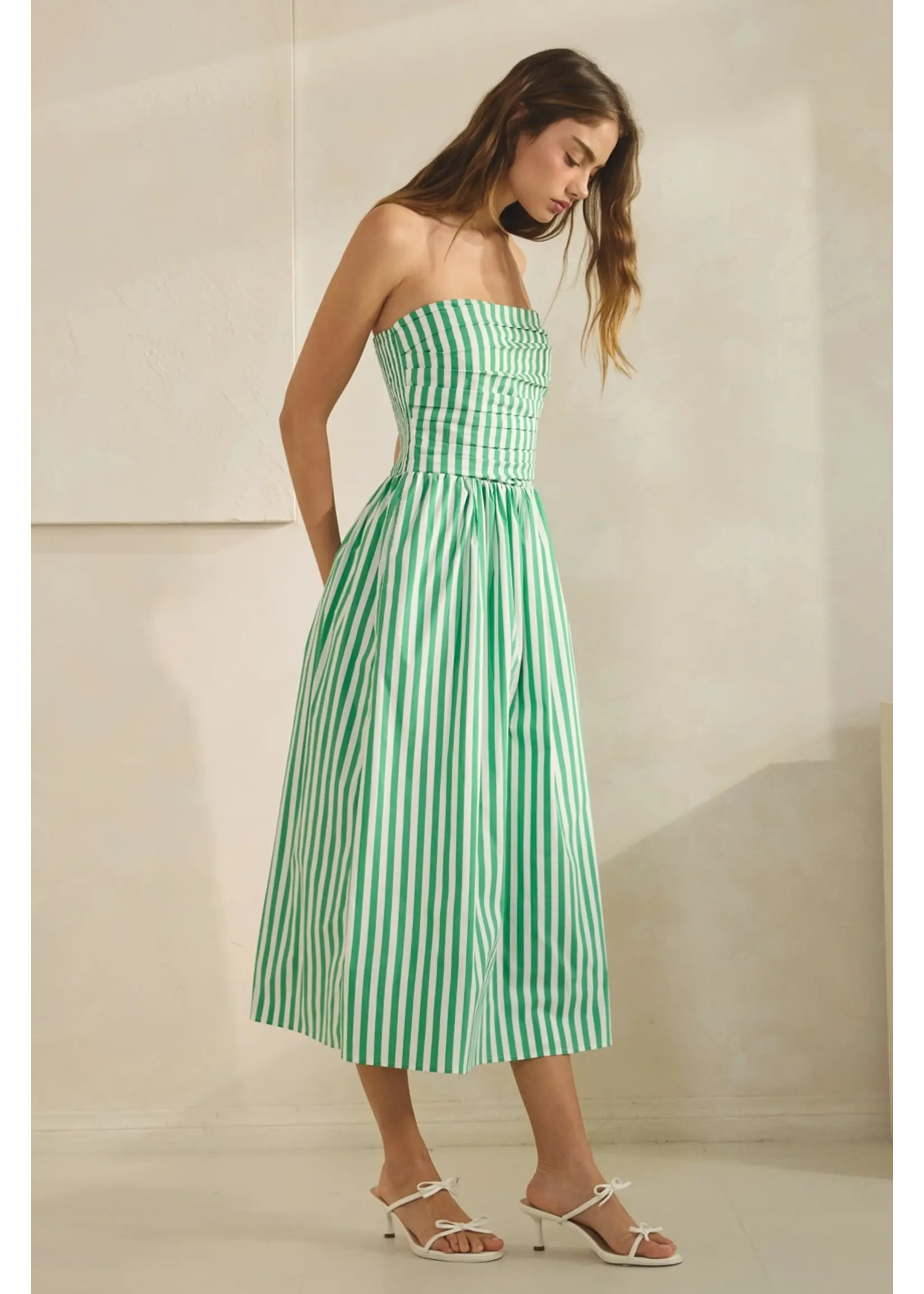 Creaman Stripe Cotton Strapless Tube Midi Dress - JD2184