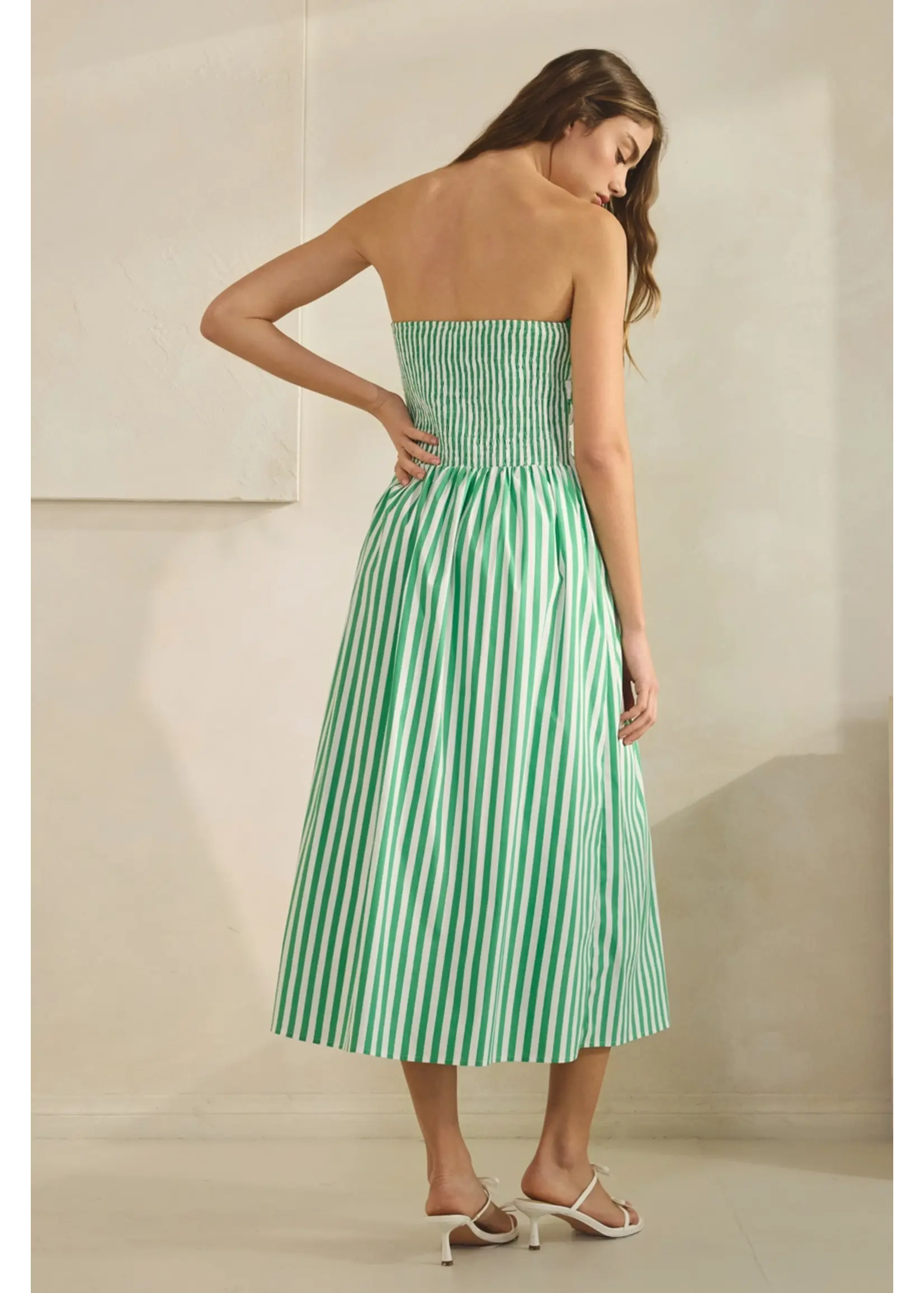 Creaman Stripe Cotton Strapless Tube Midi Dress - JD2184