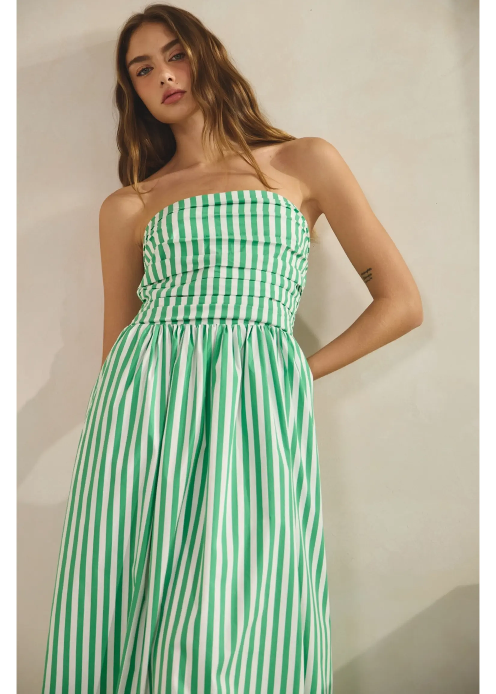 Creaman Stripe Cotton Strapless Tube Midi Dress - JD2184