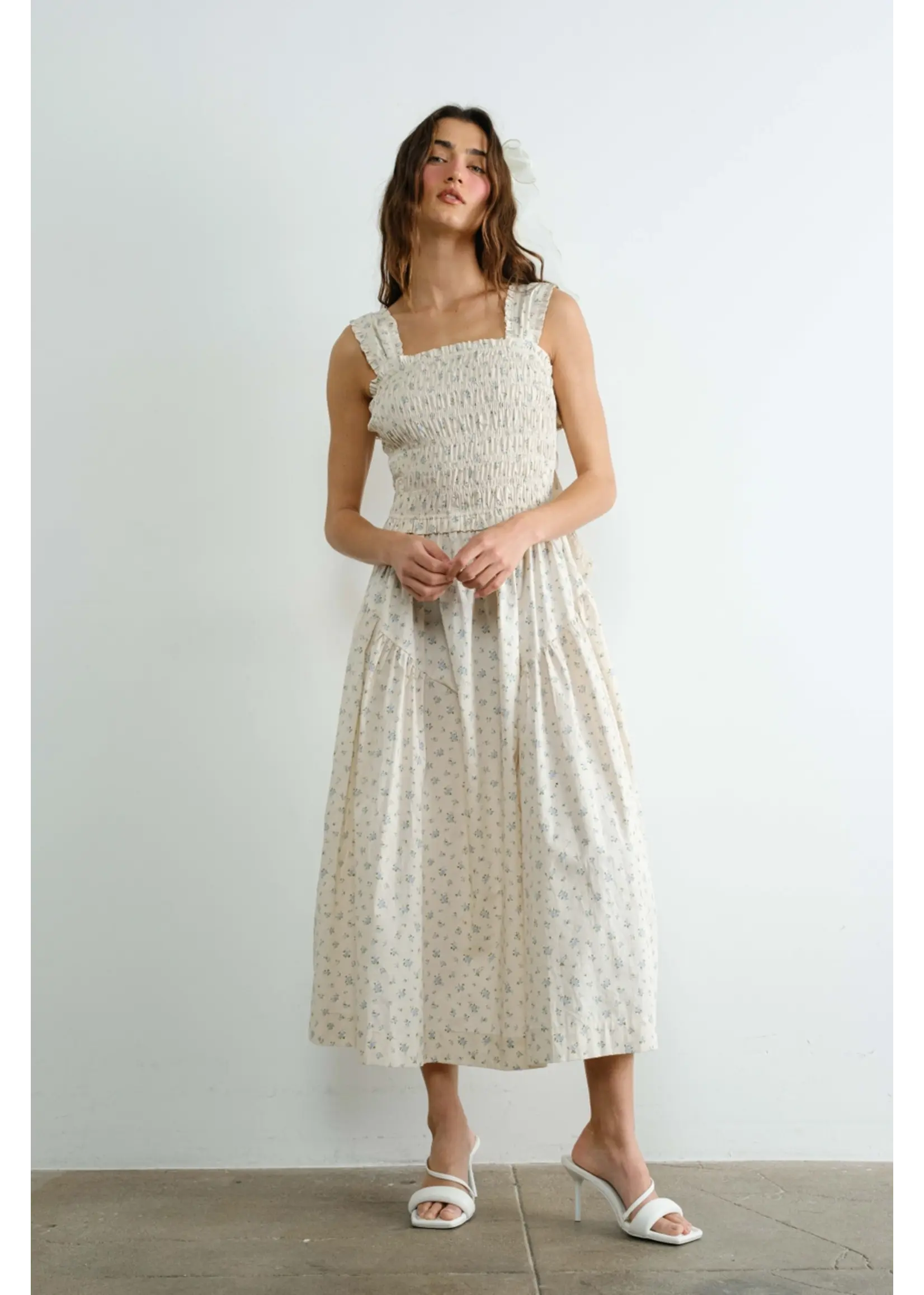 Creaman Margot Retro Bow Tie Smocked Midi Dress - JD2254