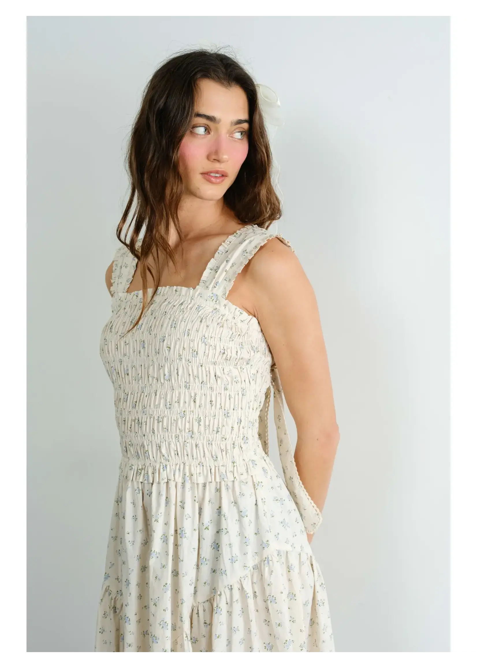 Creaman Margot Retro Bow Tie Smocked Midi Dress - JD2254