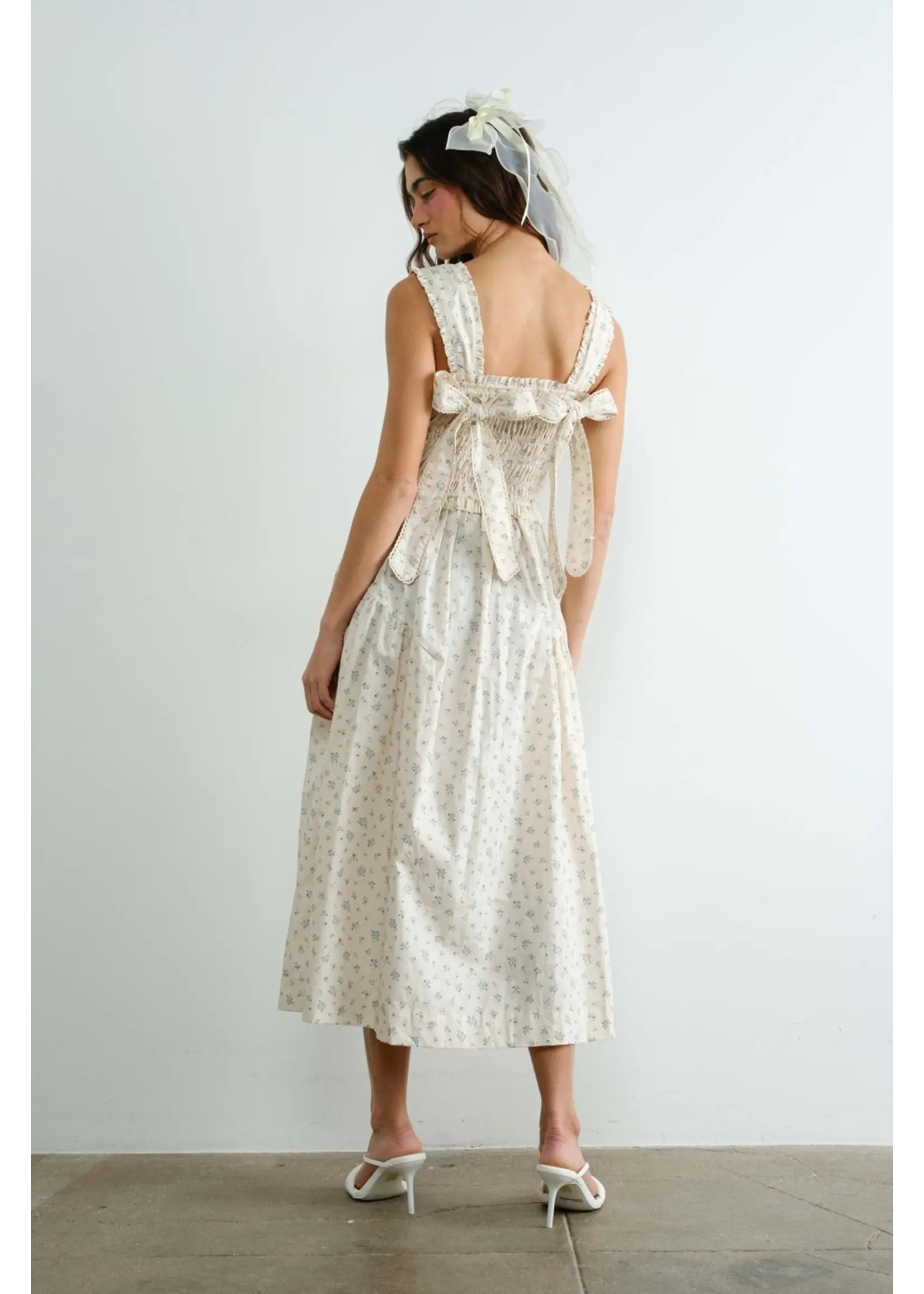 Creaman Margot Retro Bow Tie Smocked Midi Dress - JD2254