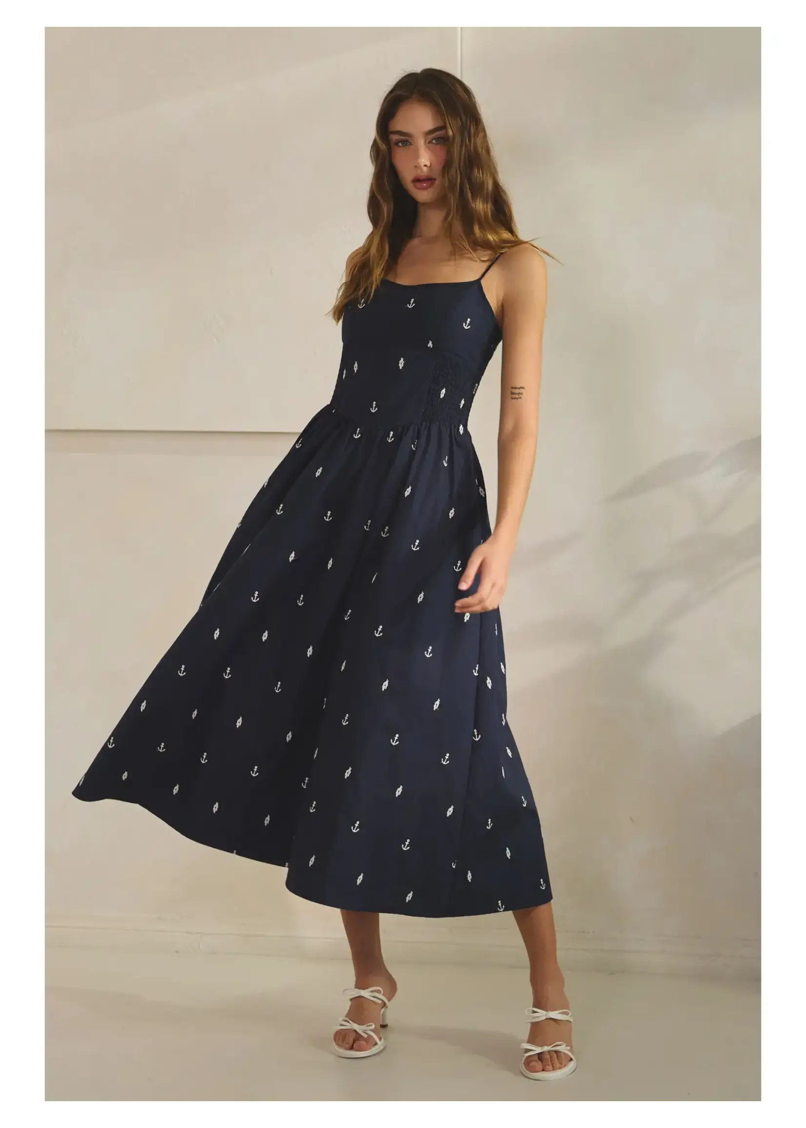 Creaman Anchor Embroidered Smocked Maxi Dress - JD2537