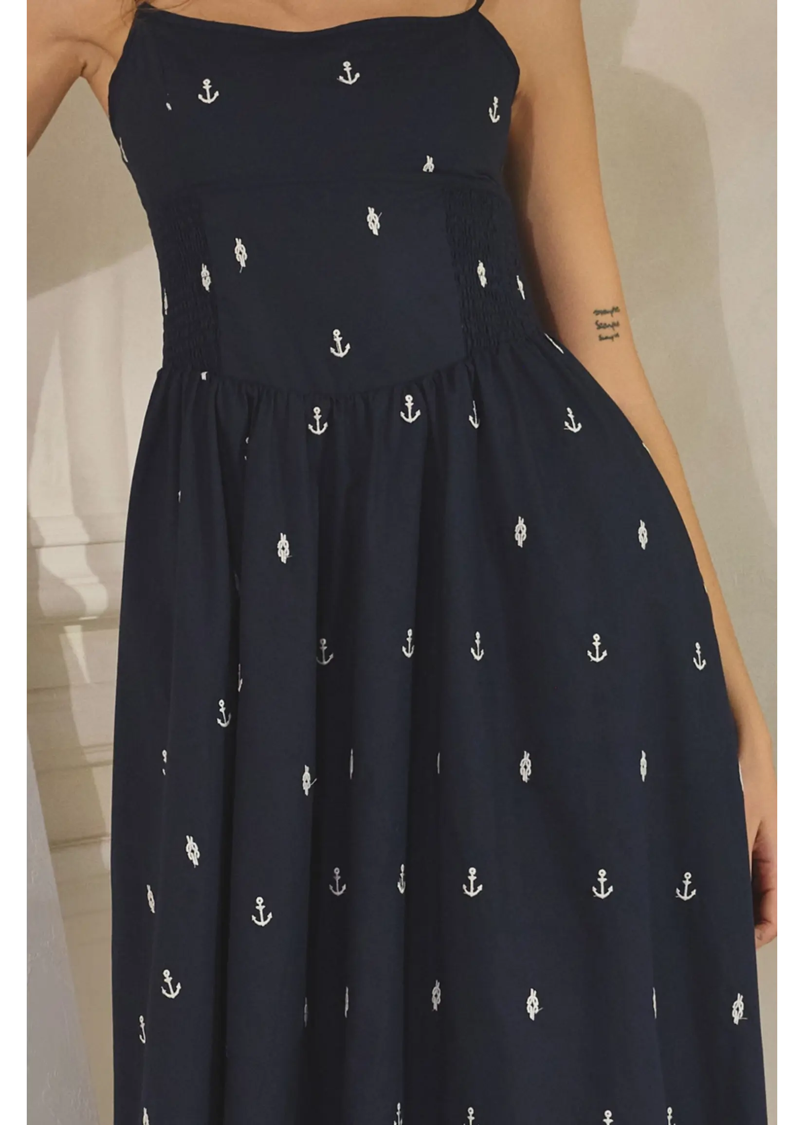 Creaman Anchor Embroidered Smocked Maxi Dress - JD2537