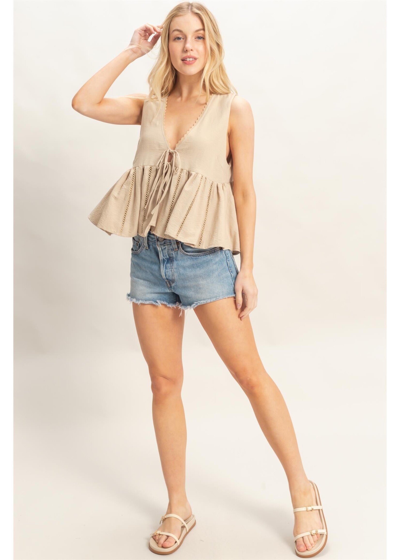 HYFVE Lace Trim Tie Front Top - HF26C100-D