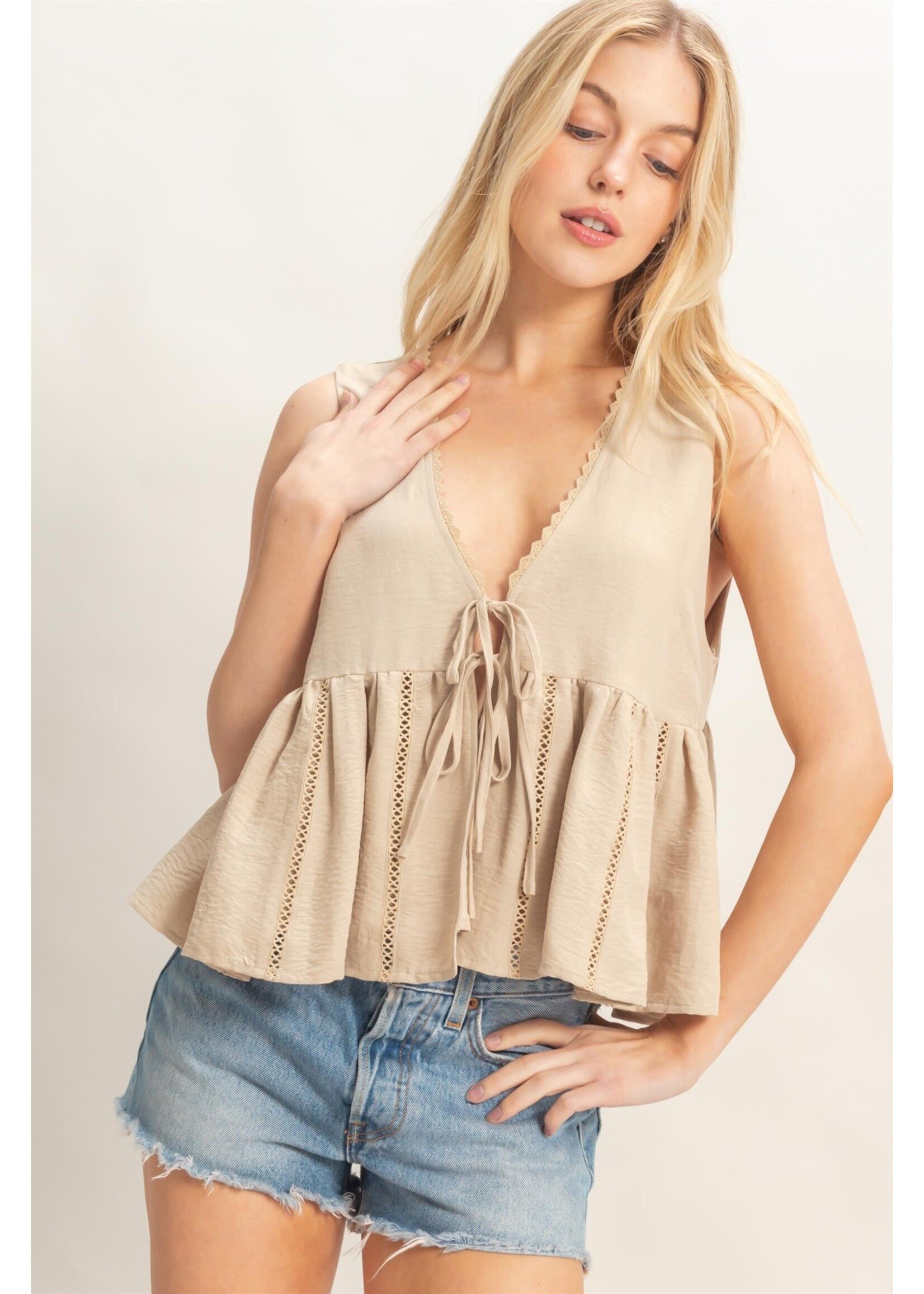 HYFVE Lace Trim Tie Front Top - HF26C100-D