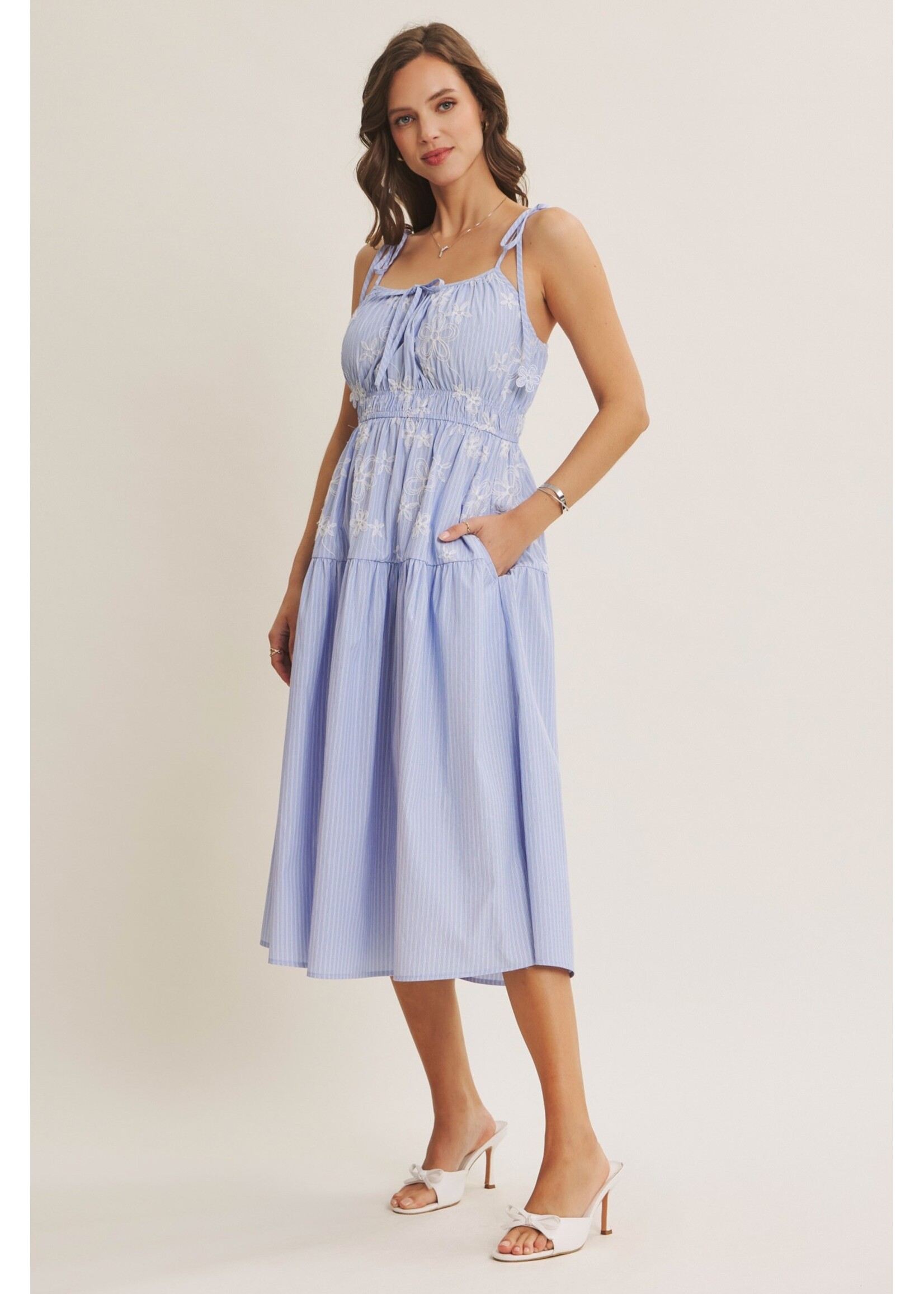 In February Sunshine FIlled Weekends Floral Stripe Midi Dress - E2887D
