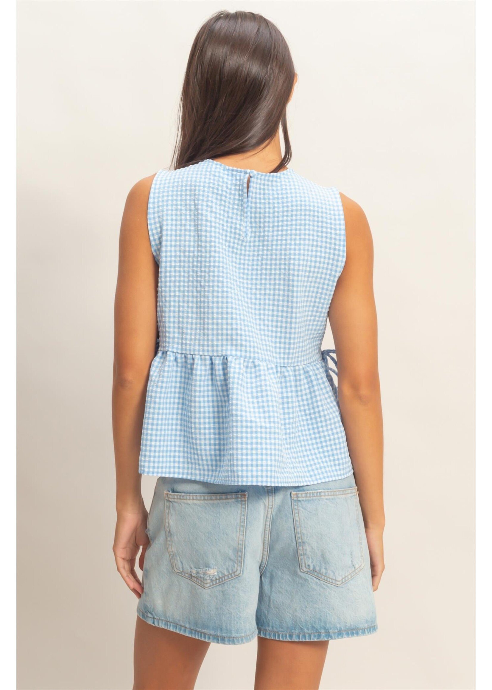 HYFVE Gingham Sleeveless Peplum Top With Side Ties - DZ26C073