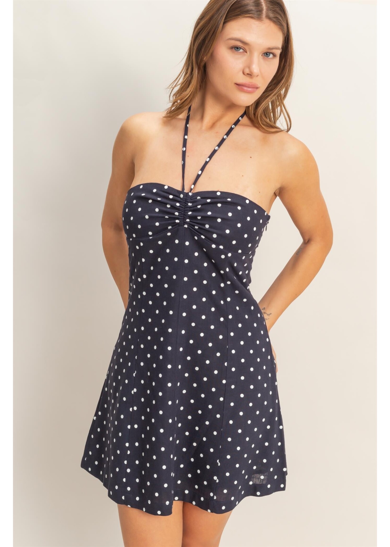 HYFVE Ruched Halter Polka Dot Mini Dress - HF26C278-D