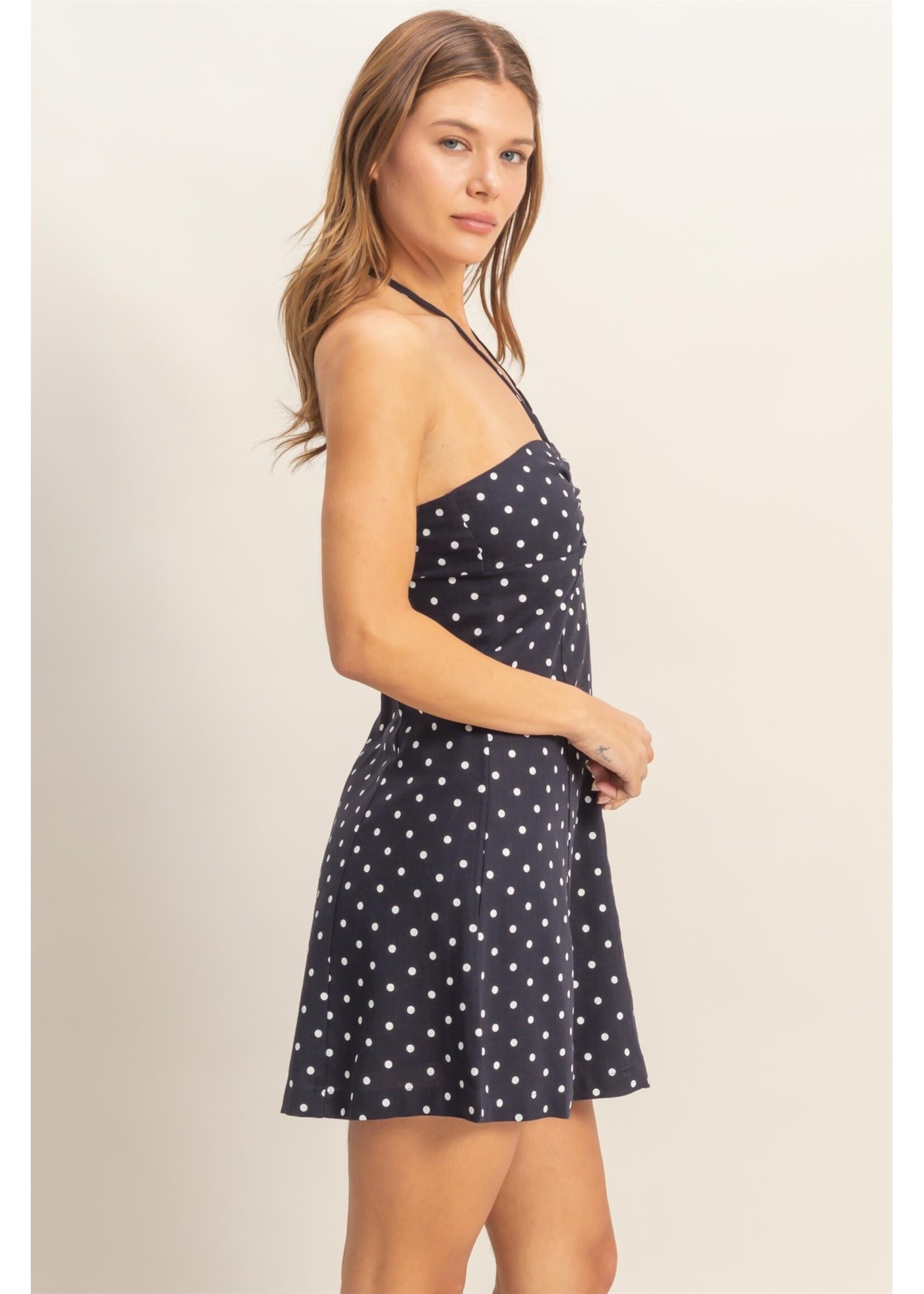 HYFVE Ruched Halter Polka Dot Mini Dress - HF26C278-D