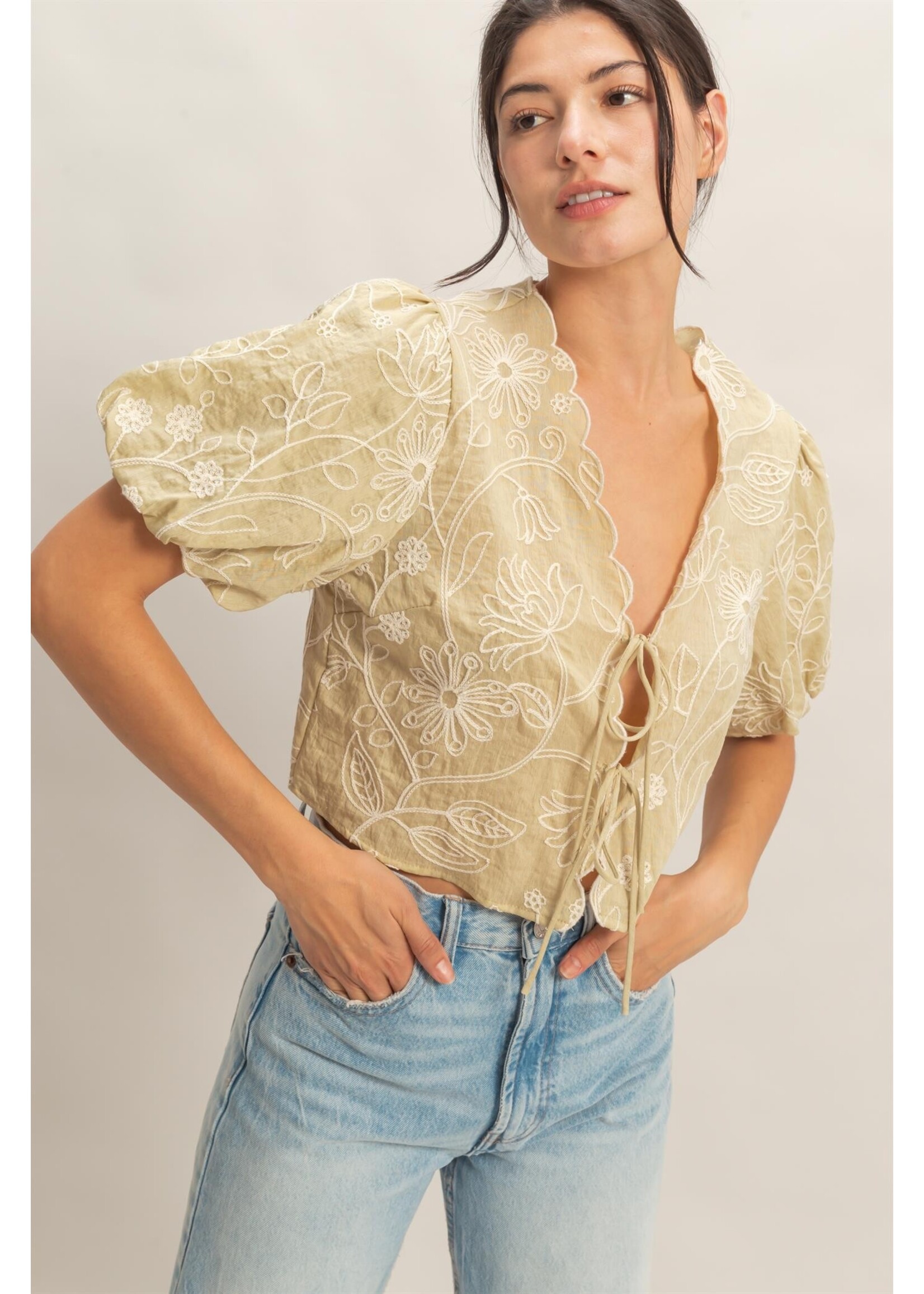 HYFVE Floral Embroidered Tie-Front Top - HF26C556-D