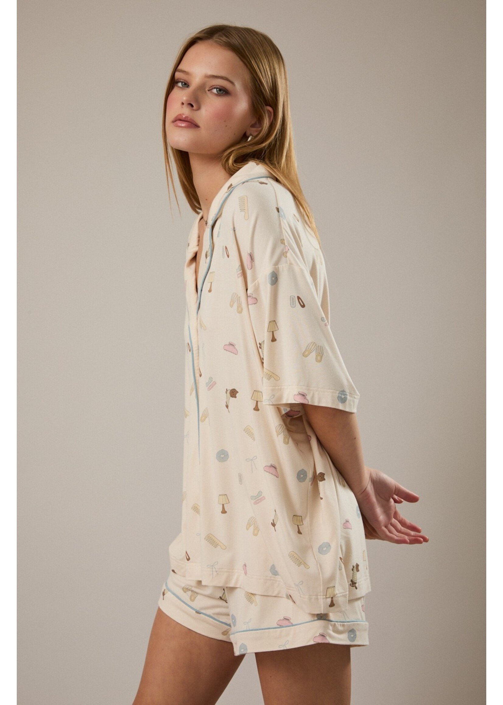 Le Lis Short Sleeve Collared Knit PJ Shirt - IT6269