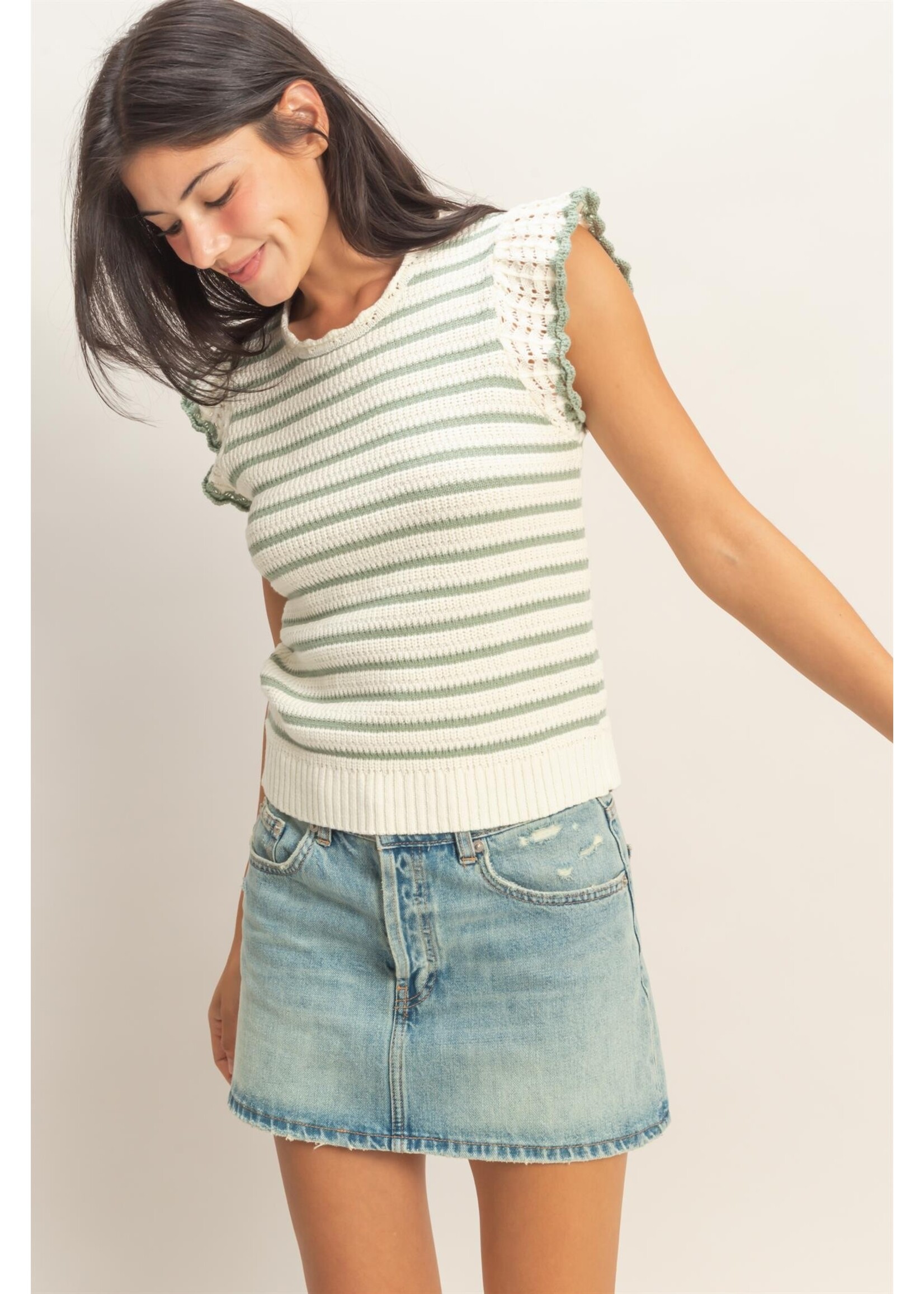 HYFVE Scalloped Striped Ruffle Sleeve Top - DZ26A037